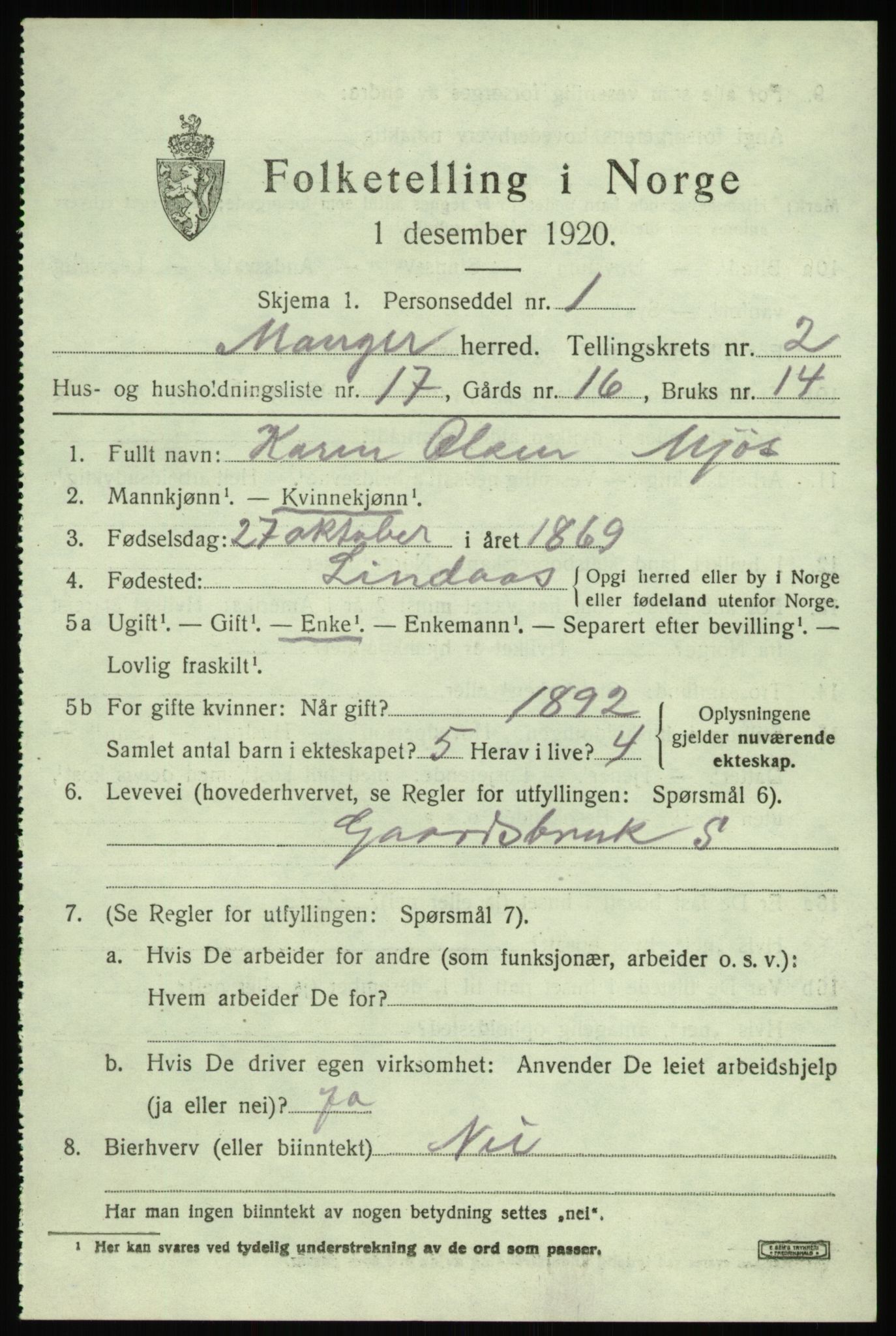 SAB, 1920 census for Manger, 1920, p. 2177