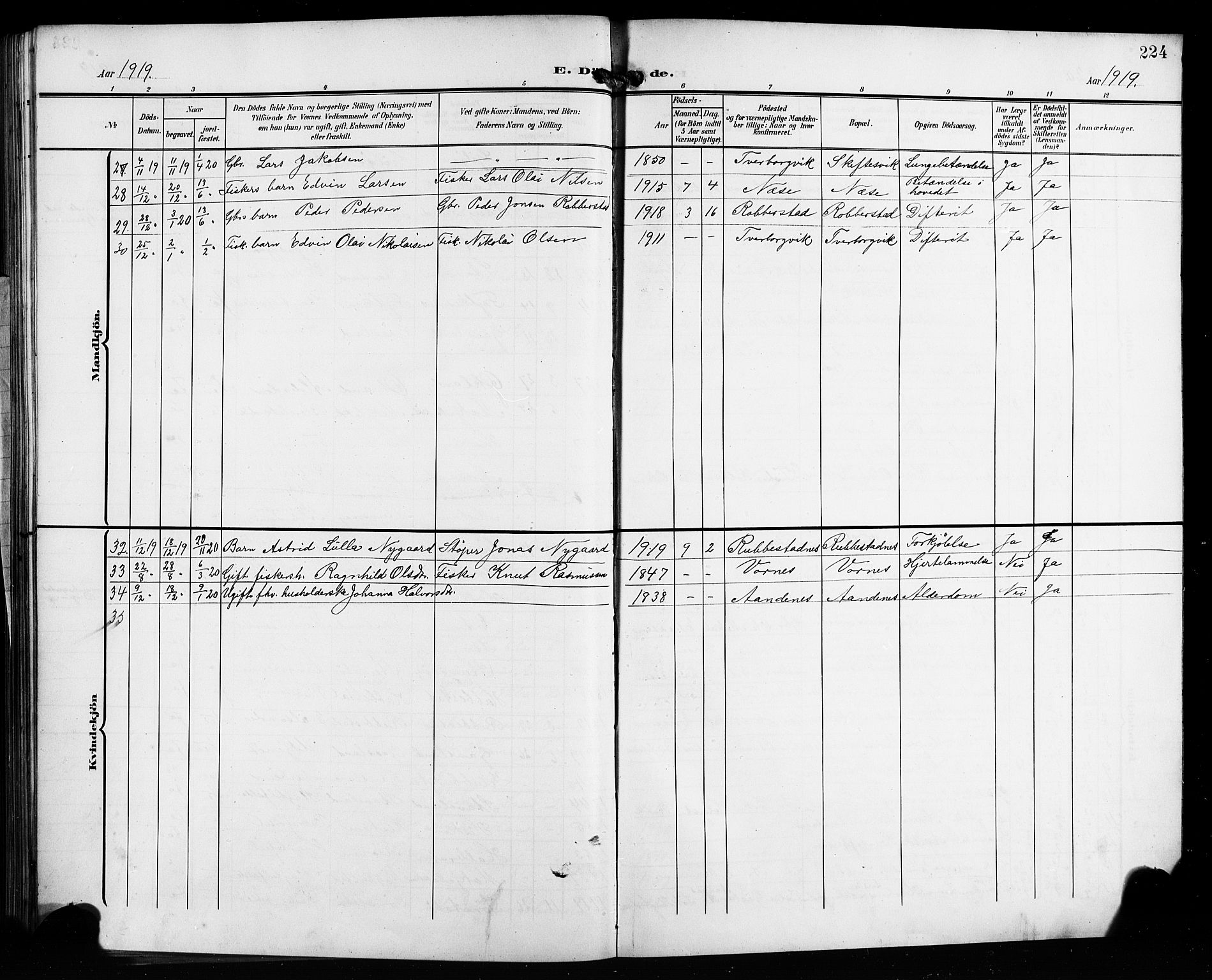Finnås sokneprestembete, SAB/A-99925/H/Ha/Hab/Habb/L0005: Parish register (copy) no. B 5, 1907-1920, p. 224