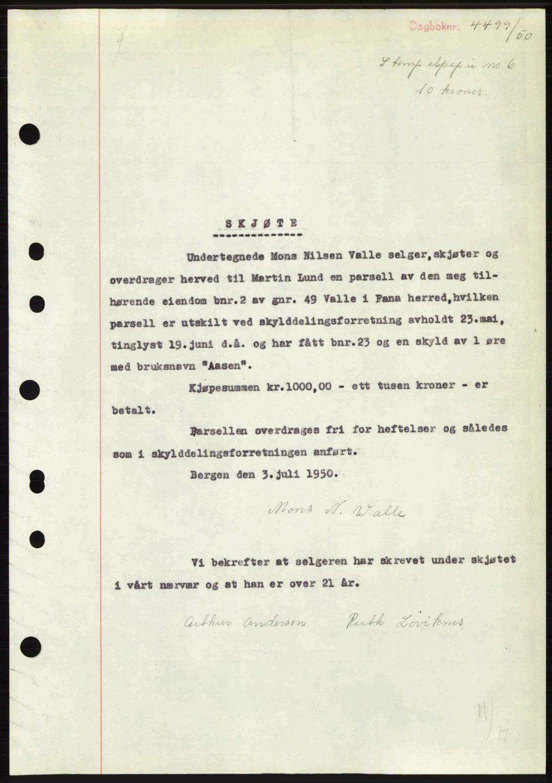 Midhordland sorenskriveri, AV/SAB-A-3001/1/G/Gb/Gbj/L0037: Mortgage book no. A71-72, 1950-1950, Diary no: : 4499/1950