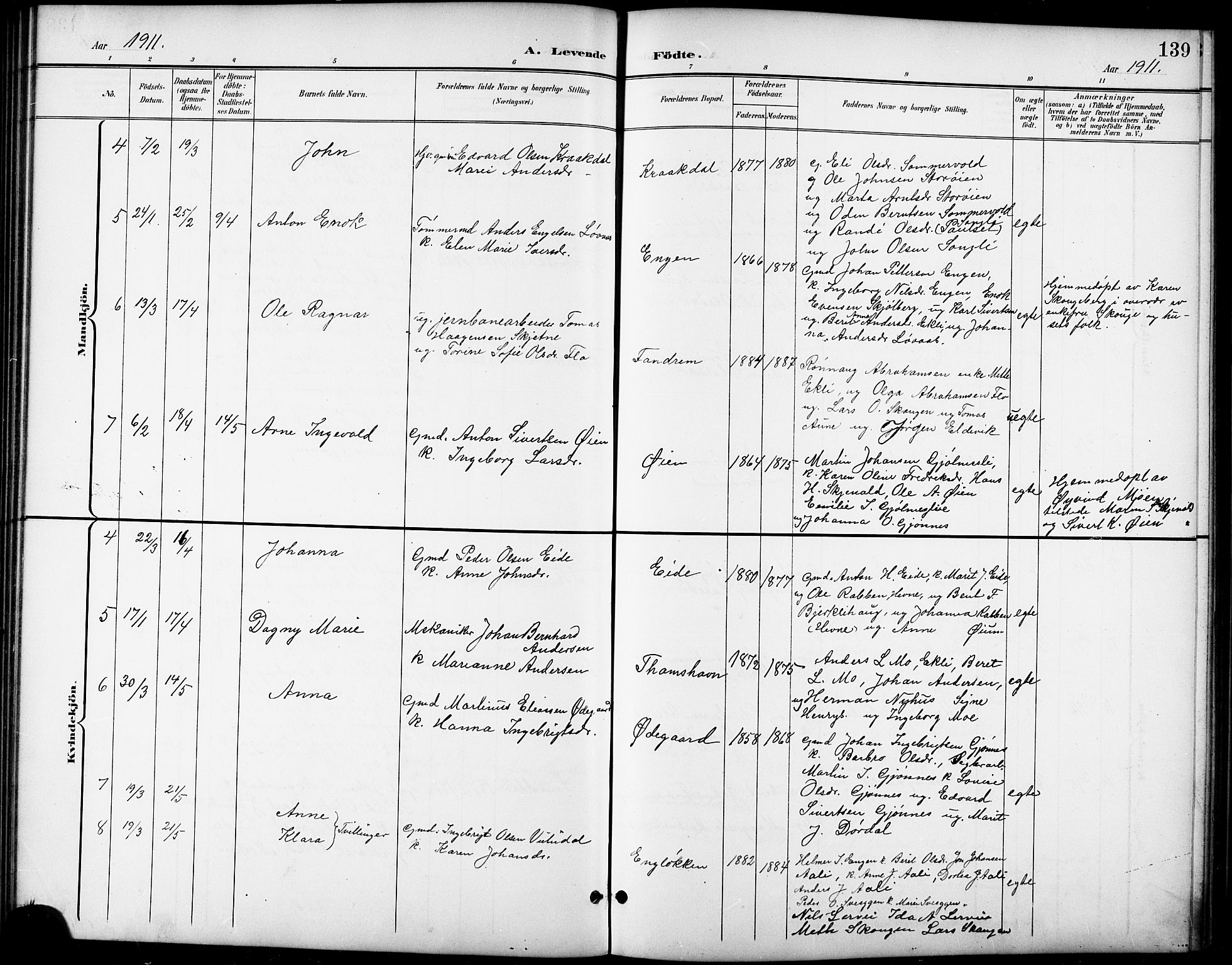 Ministerialprotokoller, klokkerbøker og fødselsregistre - Sør-Trøndelag, SAT/A-1456/668/L0819: Parish register (copy) no. 668C08, 1899-1912, p. 139