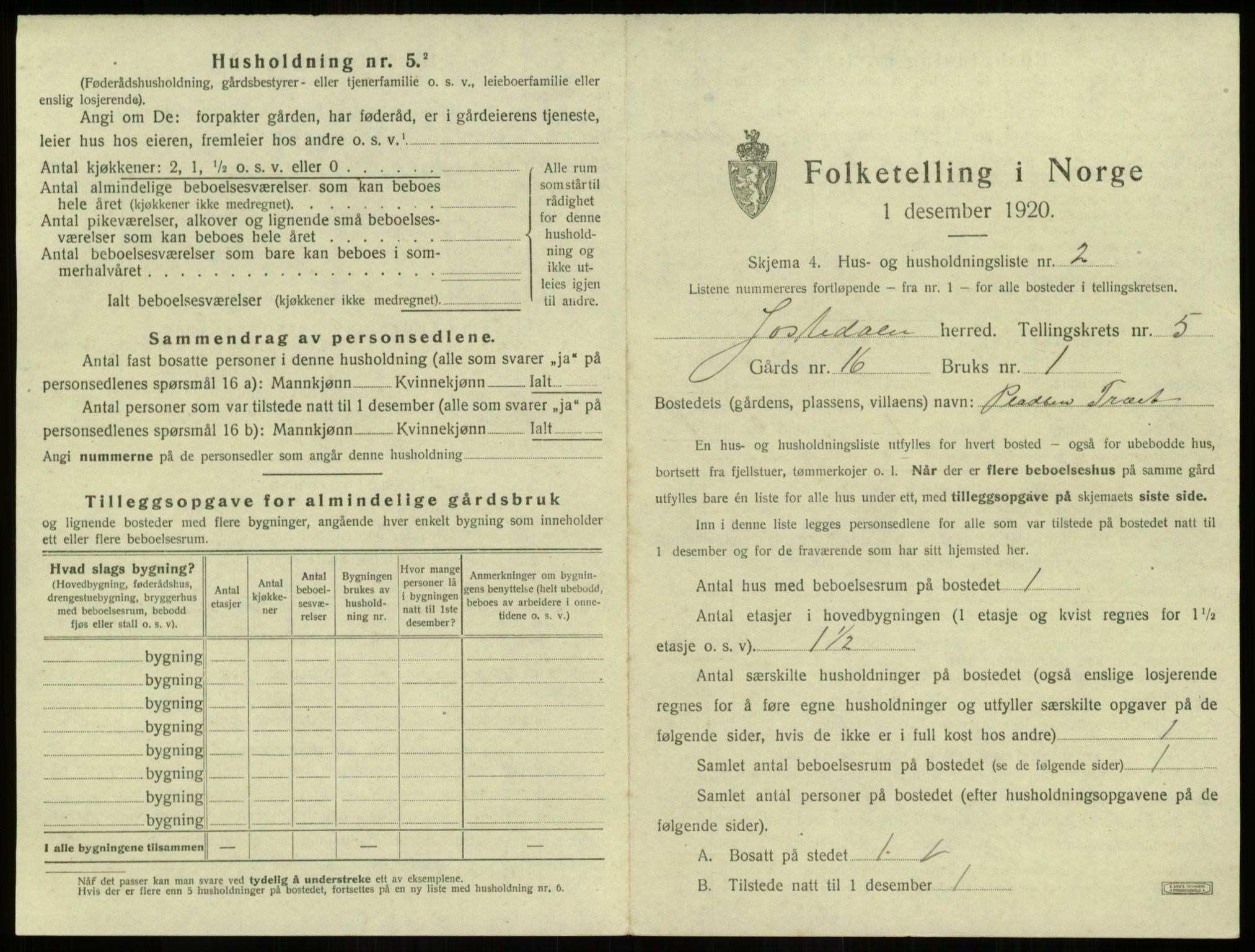 SAB, 1920 census for Jostedal, 1920, p. 256