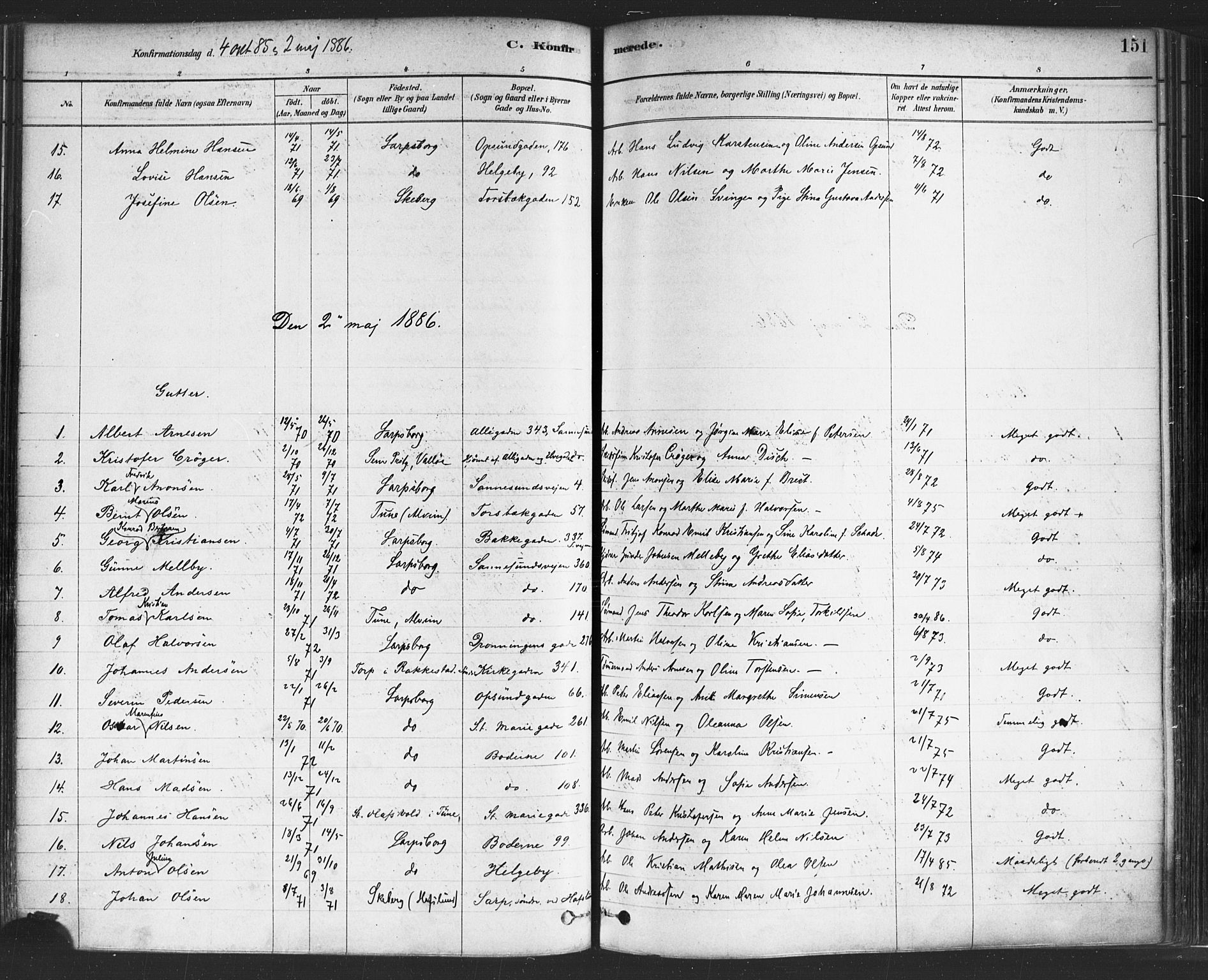 Sarpsborg prestekontor Kirkebøker, SAO/A-2006/F/Fa/L0003: Parish register (official) no. 3, 1878-1891, p. 151