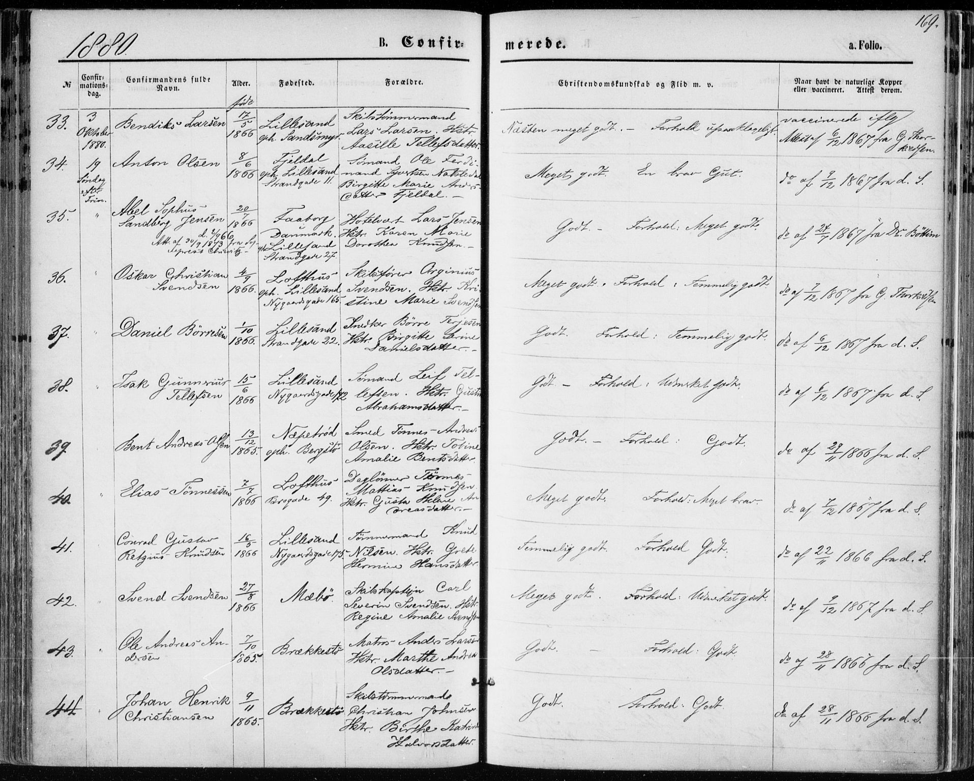 Vestre Moland sokneprestkontor, AV/SAK-1111-0046/F/Fa/Fab/L0008: Parish register (official) no. A 8, 1873-1883, p. 169