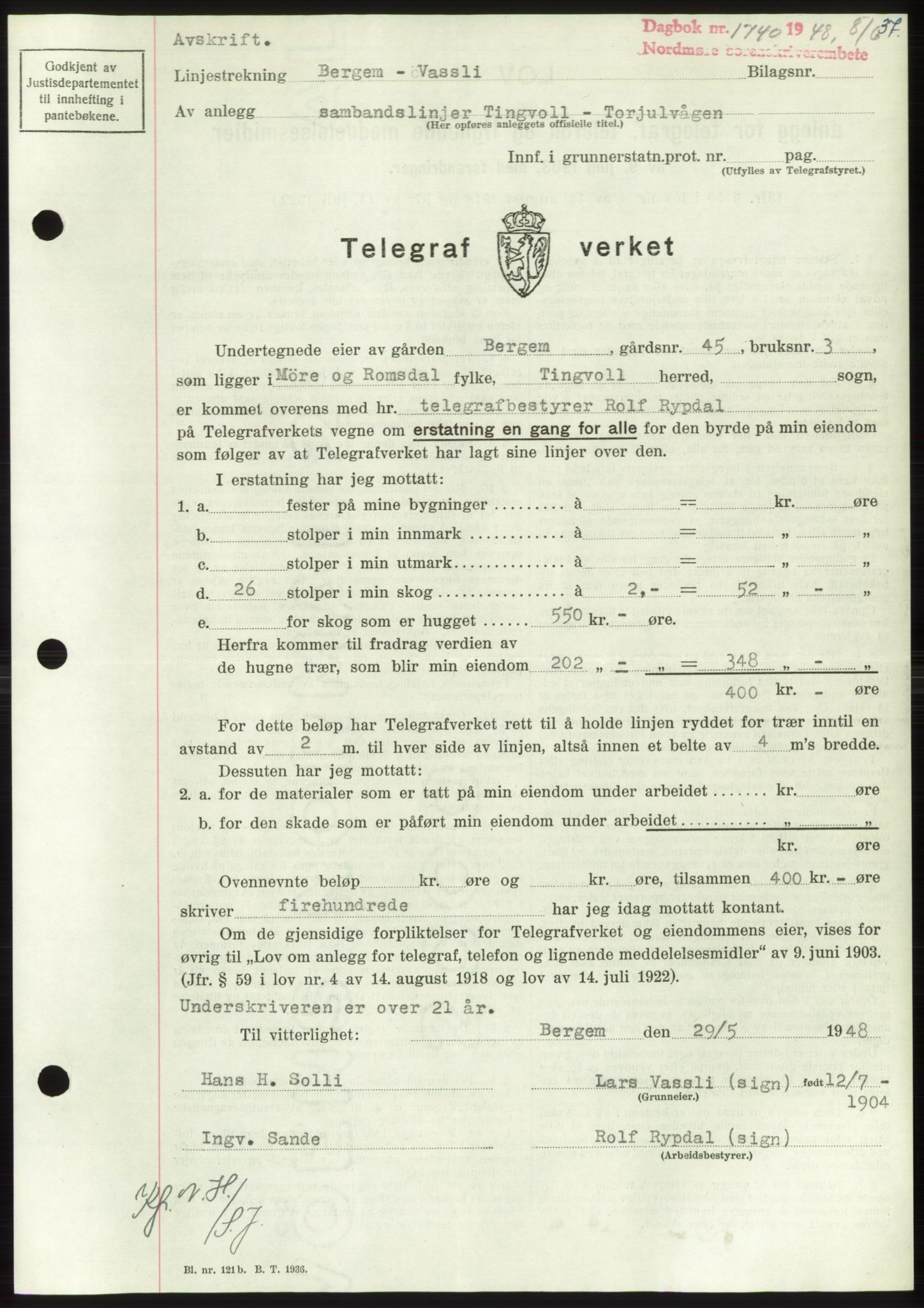 Nordmøre sorenskriveri, AV/SAT-A-4132/1/2/2Ca: Mortgage book no. B99, 1948-1948, Diary no: : 1740/1948