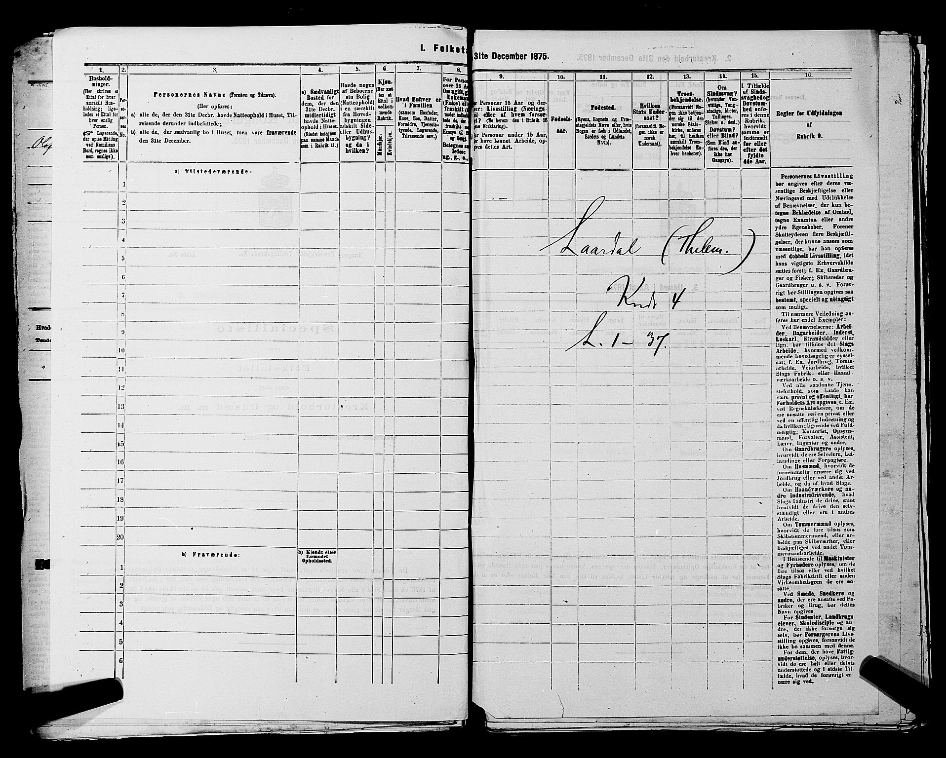 SAKO, 1875 census for 0833P Lårdal, 1875, p. 414