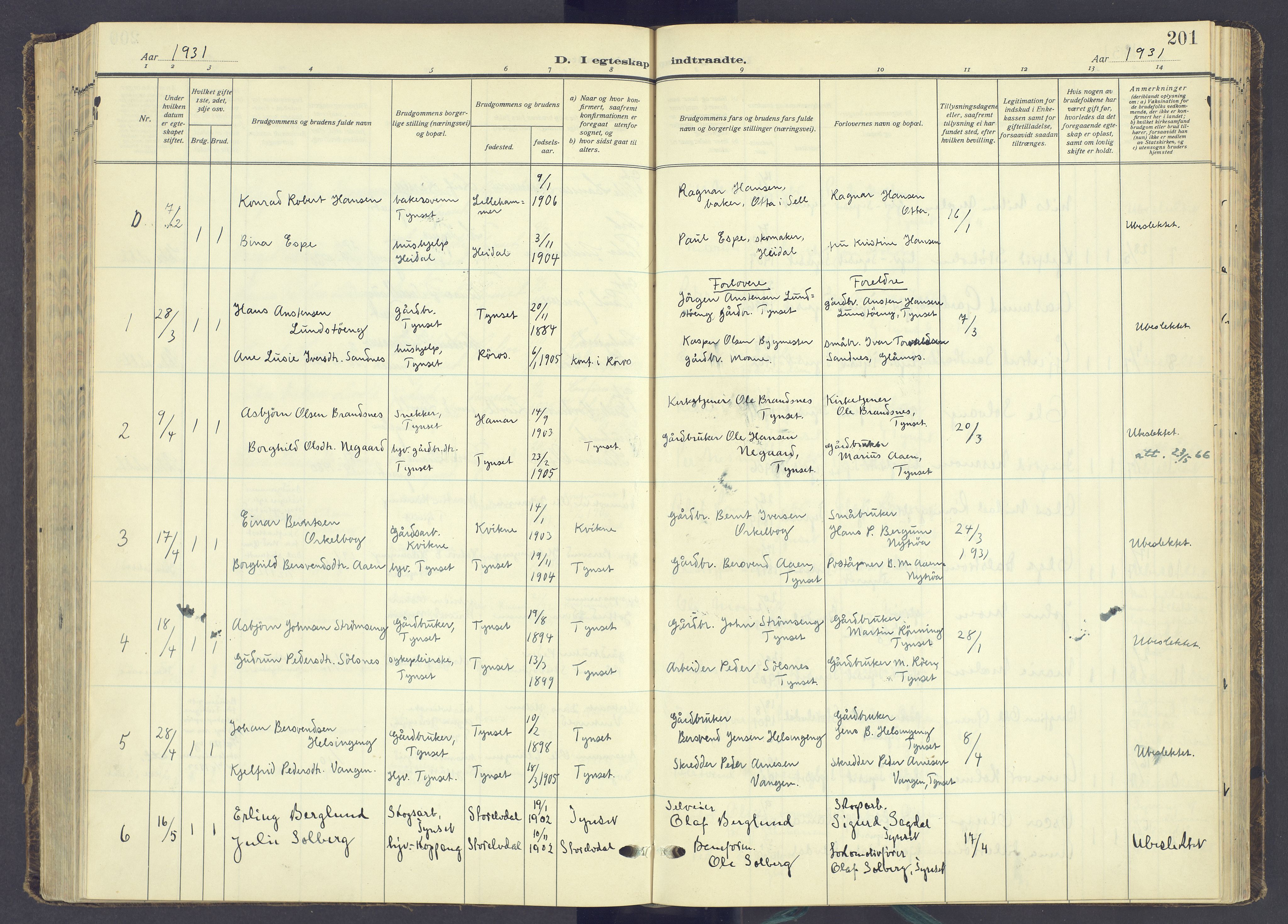 Tynset prestekontor, AV/SAH-PREST-058/H/Ha/Haa/L0027: Parish register (official) no. 27, 1930-1944, p. 201