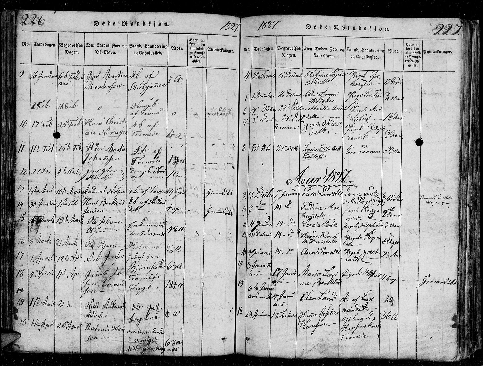 Tromsø sokneprestkontor/stiftsprosti/domprosti, AV/SATØ-S-1343/G/Gb/L0001klokker: Parish register (copy) no. 1, 1821-1833, p. 226-227