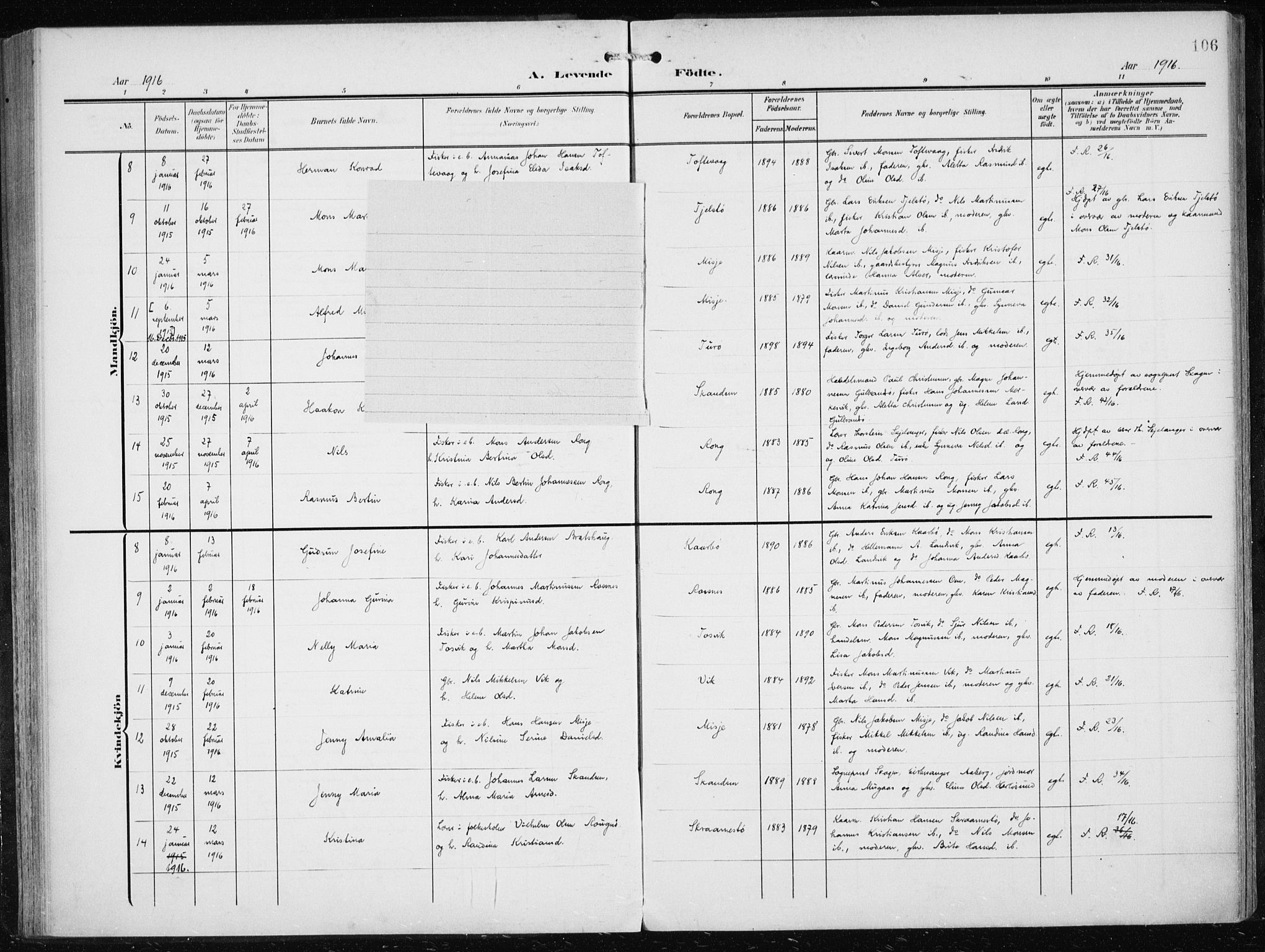 Herdla Sokneprestembete, AV/SAB-A-75701/H/Haa: Parish register (official) no. A 5, 1905-1918, p. 106