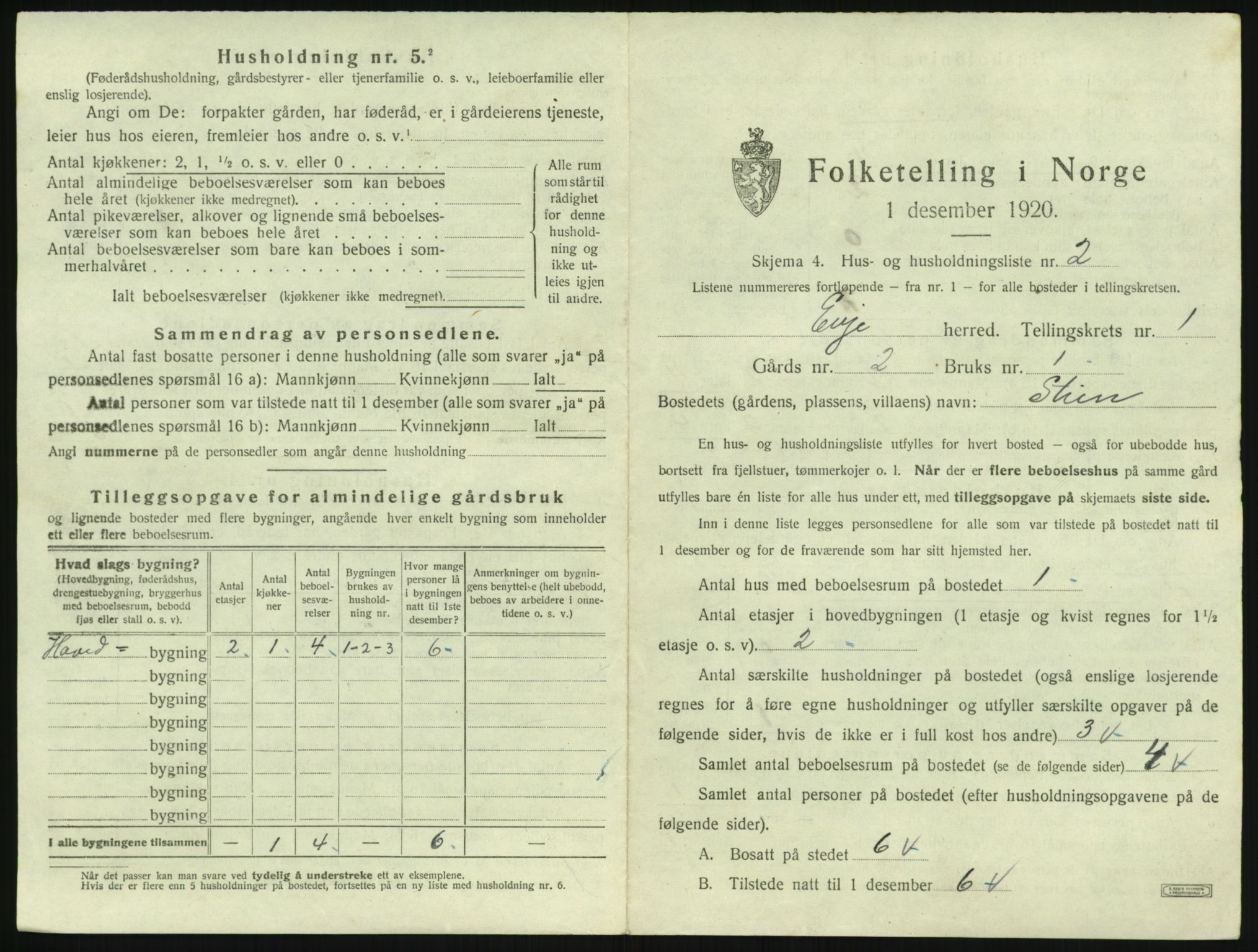 SAK, 1920 census for Evje, 1920, p. 44