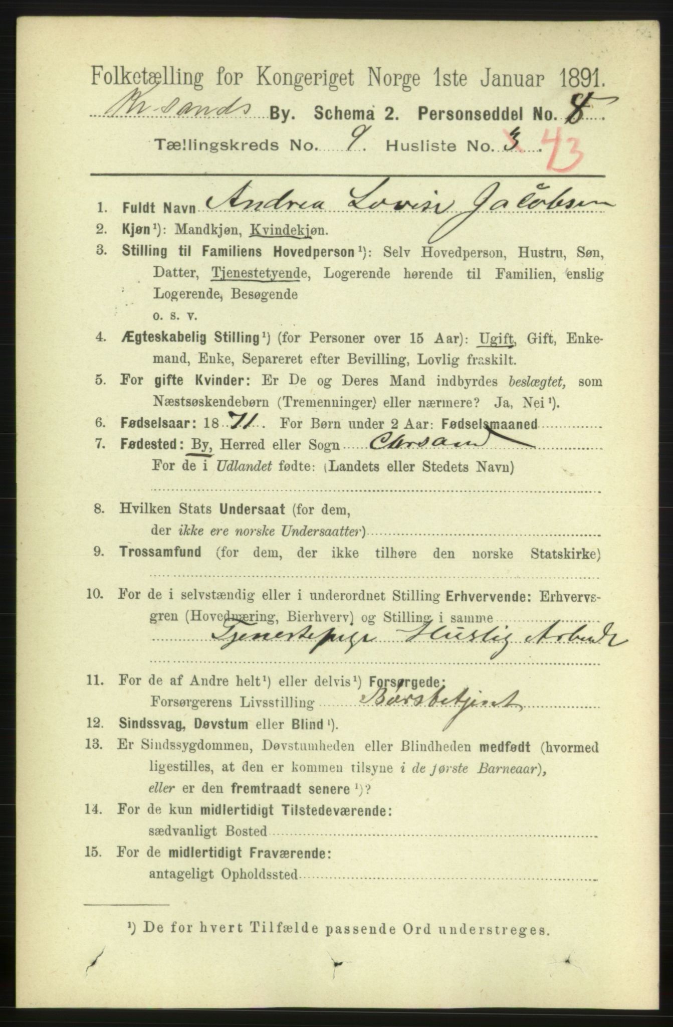 RA, 1891 census for 1001 Kristiansand, 1891, p. 5389