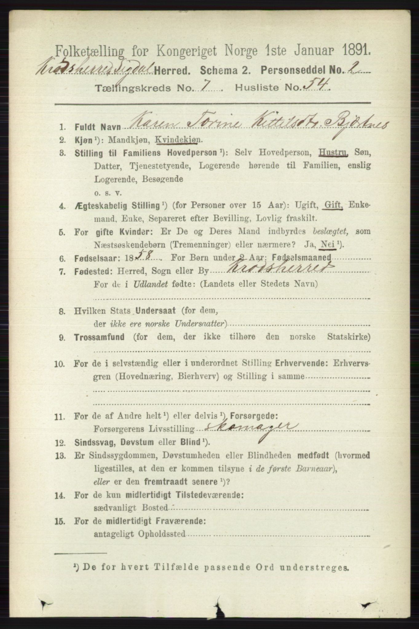 RA, 1891 census for 0621 Sigdal, 1891, p. 7370