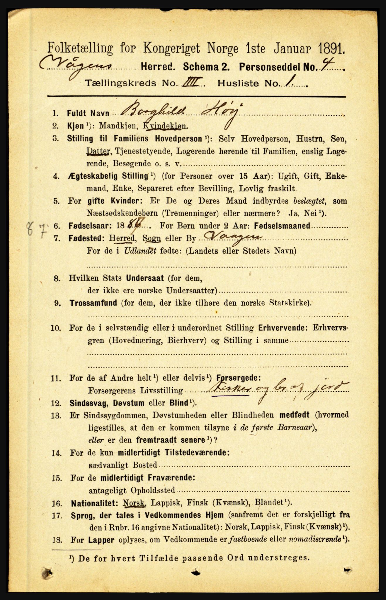 RA, 1891 census for 1865 Vågan, 1891, p. 940