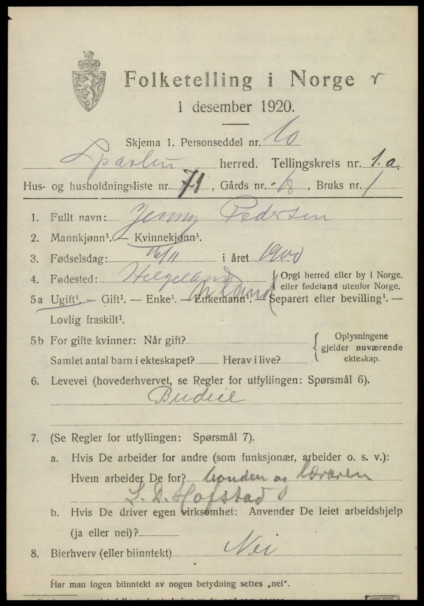 SAT, 1920 census for Sparbu, 1920, p. 1923