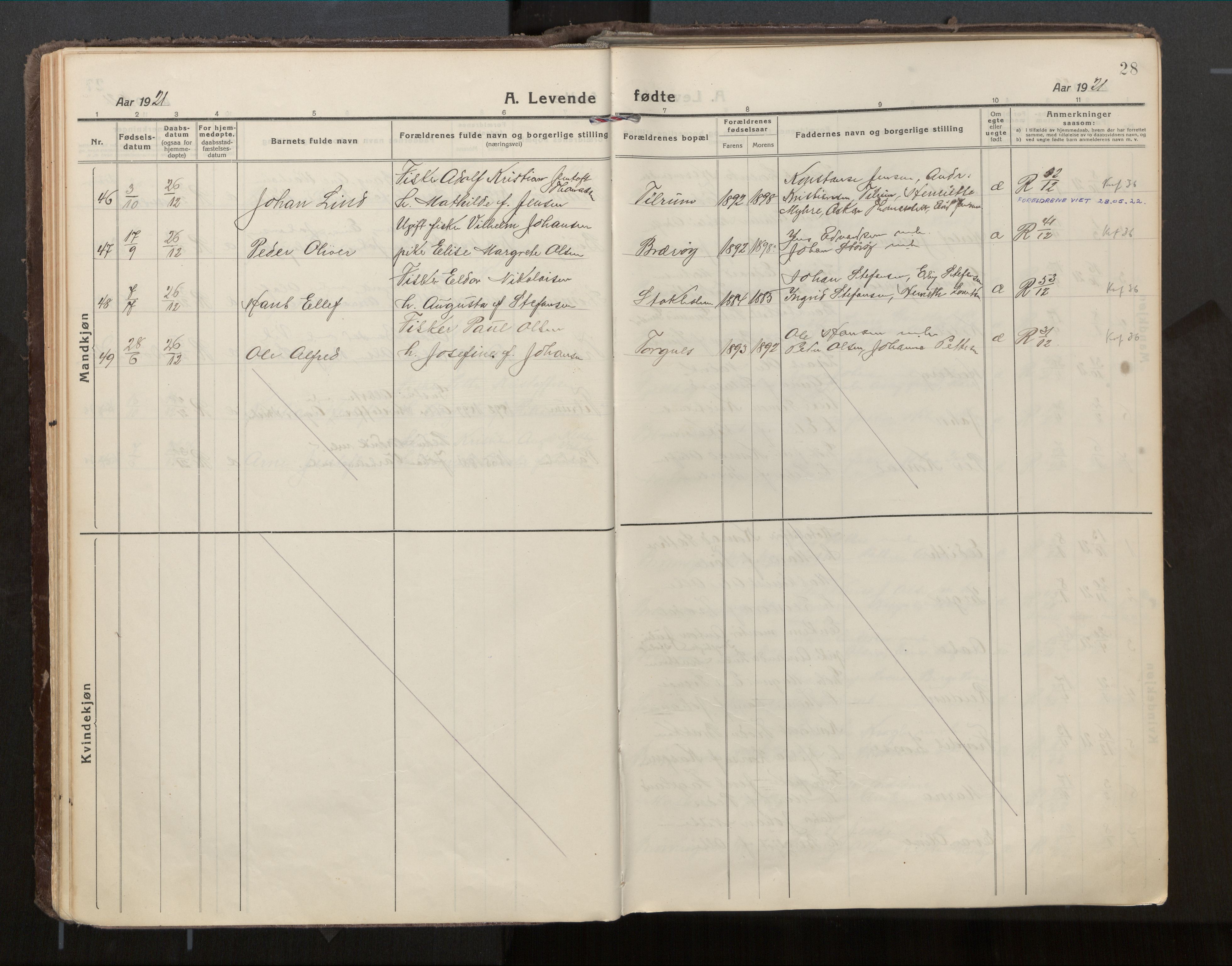 Ministerialprotokoller, klokkerbøker og fødselsregistre - Nordland, AV/SAT-A-1459/813/L0207a: Parish register (official) no. 813A18, 1919-1927, p. 28