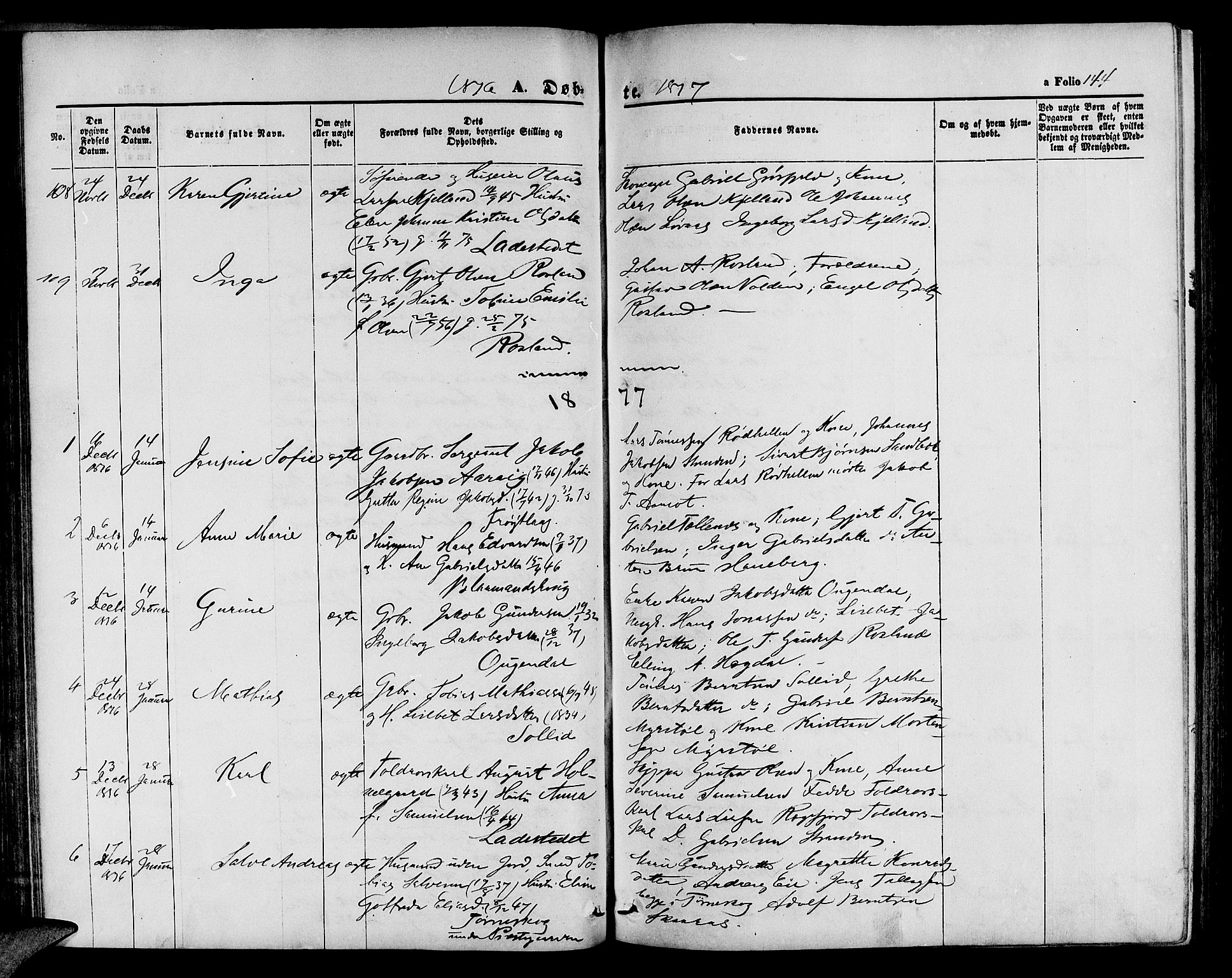 Sokndal sokneprestkontor, SAST/A-101808: Parish register (copy) no. B 3, 1865-1879, p. 144