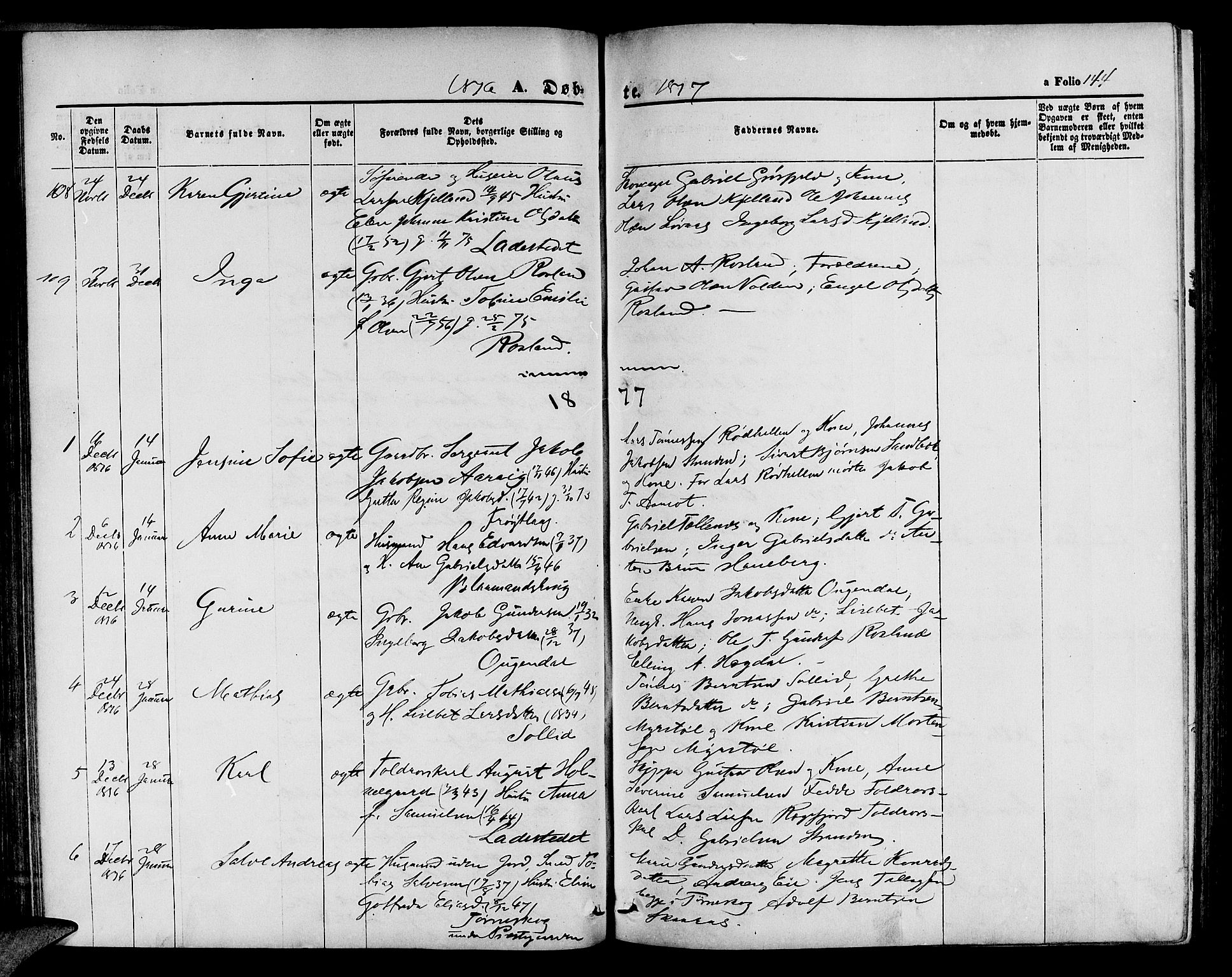 Sokndal sokneprestkontor, AV/SAST-A-101808: Parish register (copy) no. B 3, 1865-1879, p. 144