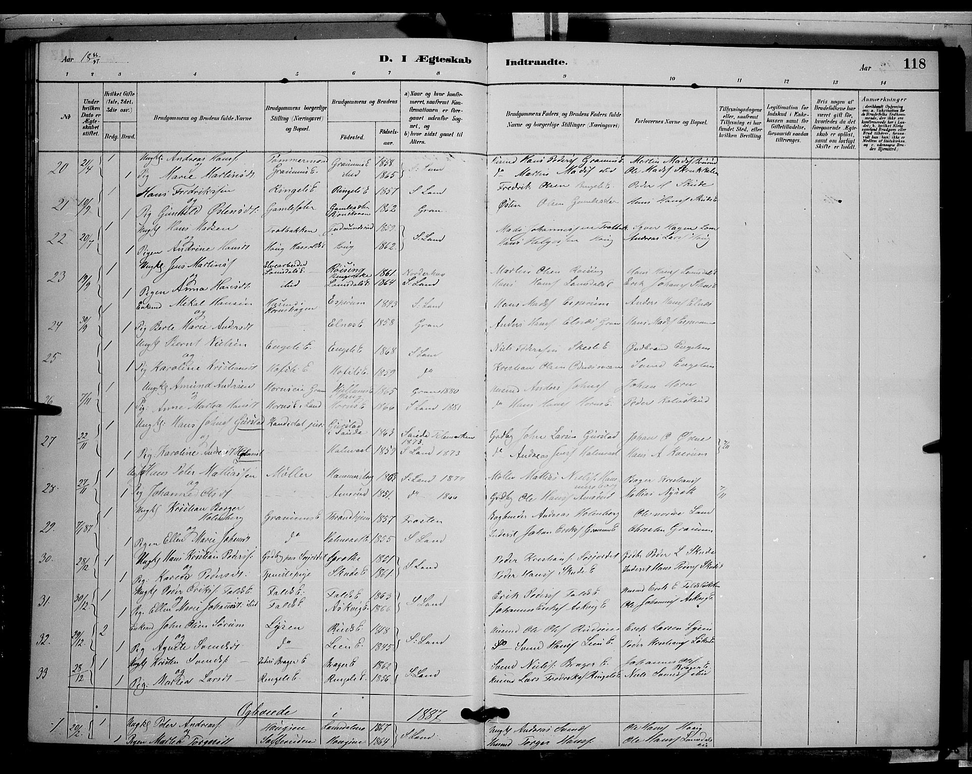 Søndre Land prestekontor, AV/SAH-PREST-122/L/L0002: Parish register (copy) no. 2, 1884-1900, p. 118