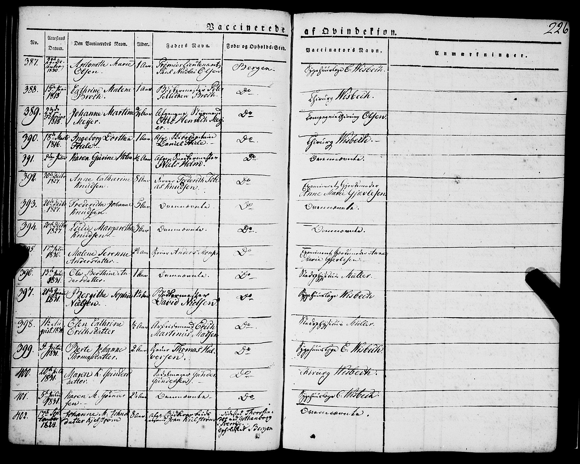 Korskirken sokneprestembete, SAB/A-76101/H/Haa/L0050: Parish register (official) no. F 1, 1821-1869, p. 226