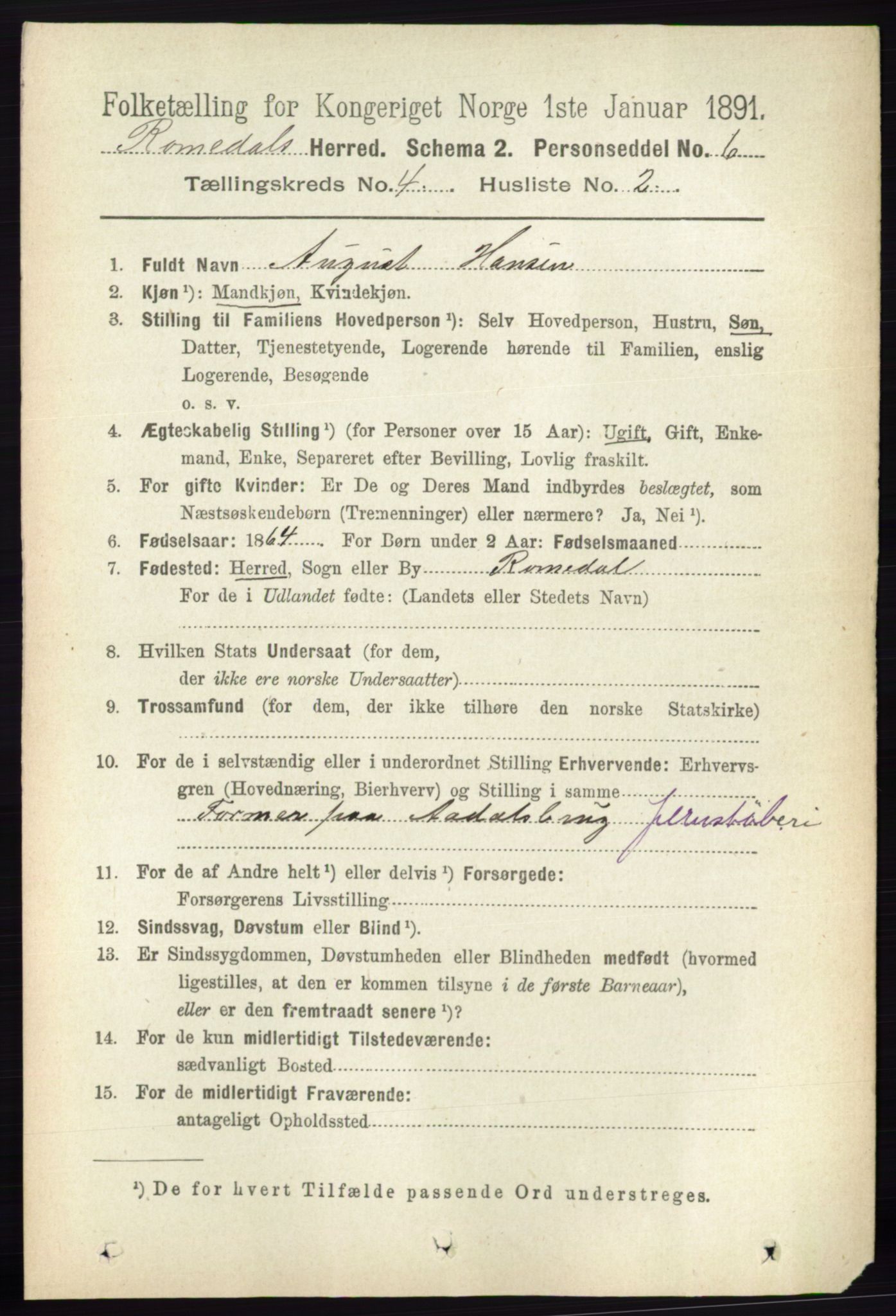 RA, 1891 census for 0416 Romedal, 1891, p. 1974