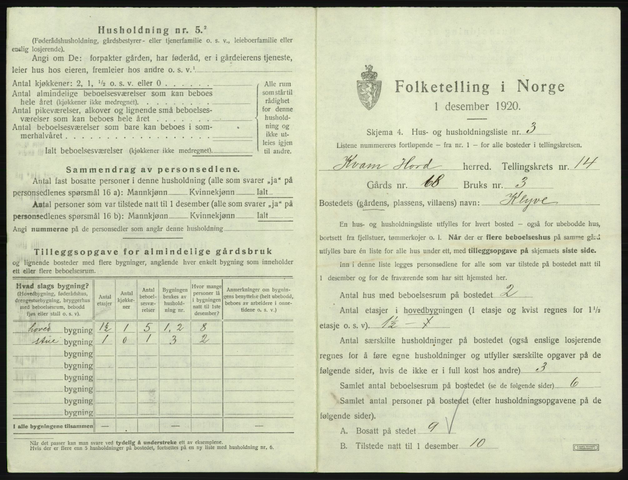 SAB, 1920 census for Kvam, 1920, p. 1157