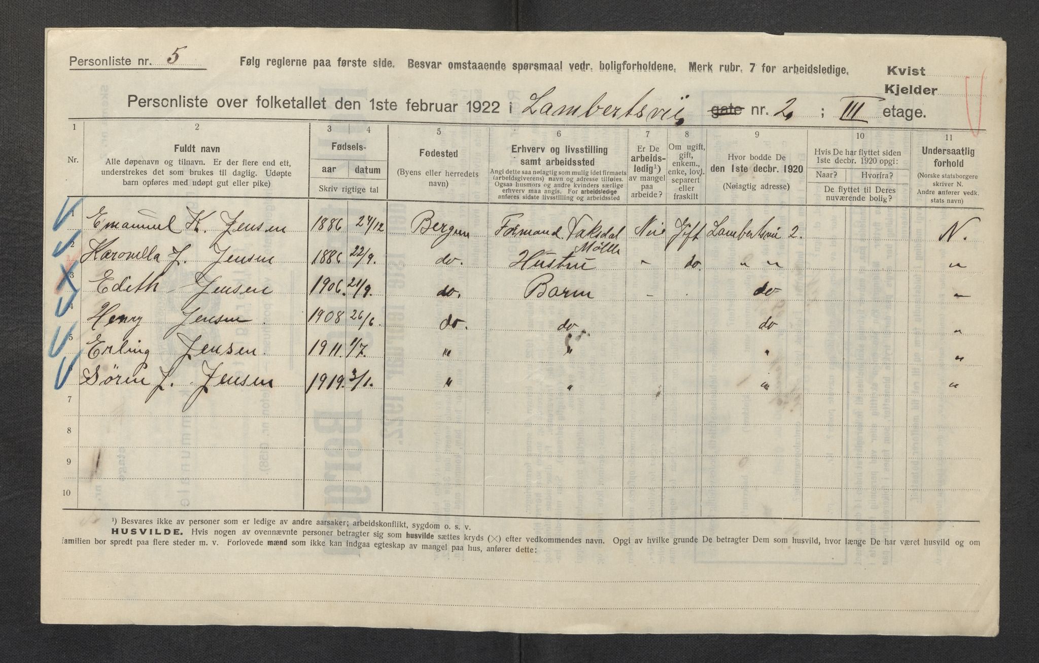 SAB, Municipal Census 1922 for Bergen, 1922, p. 22171