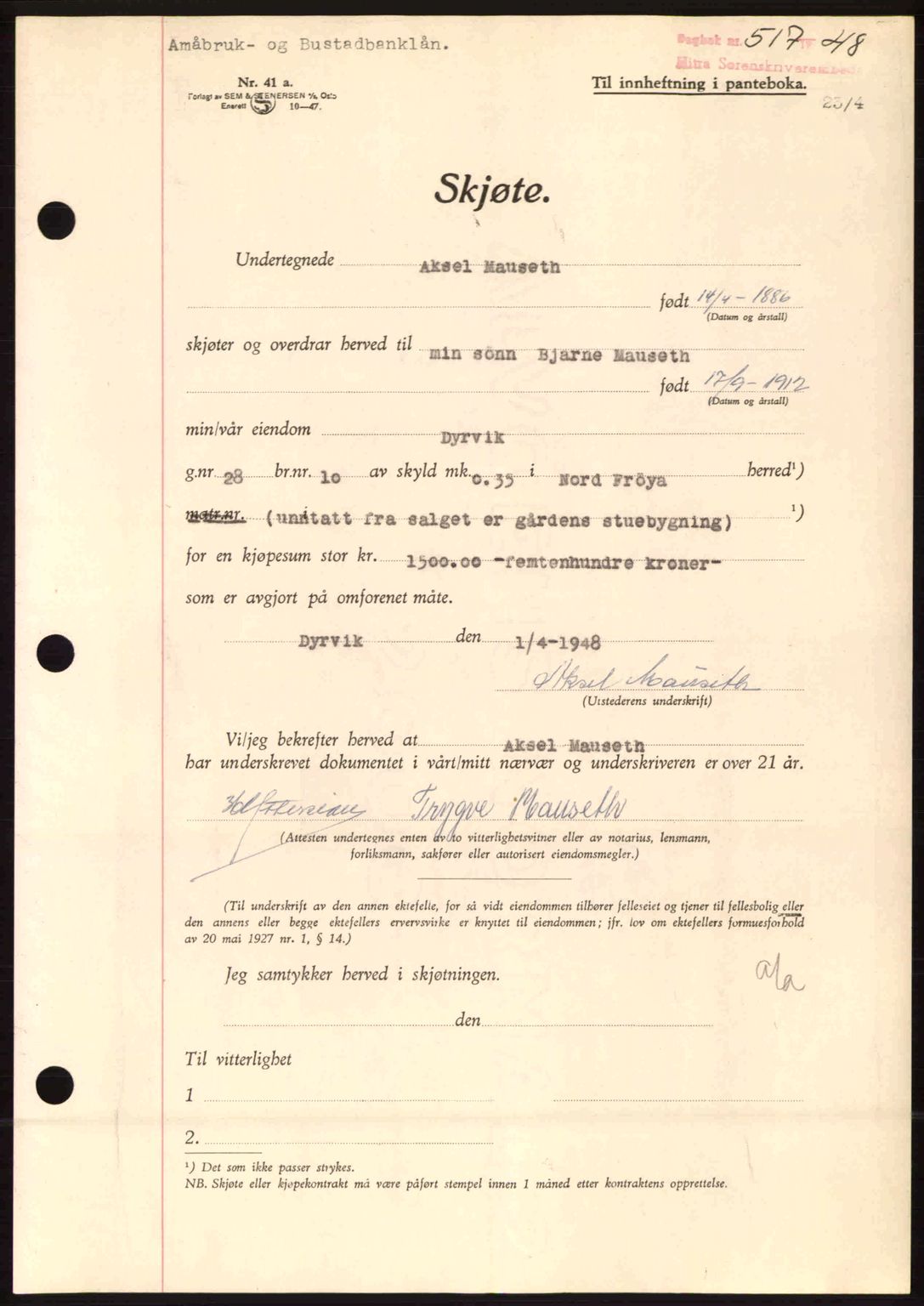 Hitra sorenskriveri, AV/SAT-A-0018/2/2C/2Ca: Mortgage book no. A5, 1947-1948, Diary no: : 517/1948