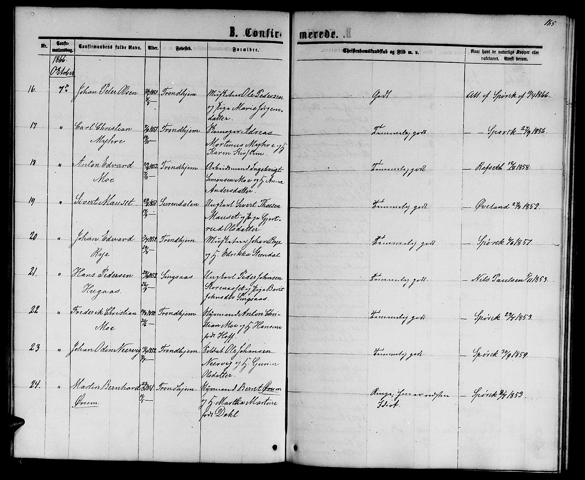 Ministerialprotokoller, klokkerbøker og fødselsregistre - Sør-Trøndelag, AV/SAT-A-1456/601/L0087: Parish register (copy) no. 601C05, 1864-1881, p. 165