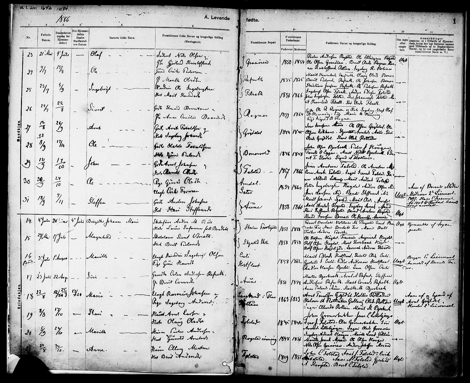 Ministerialprotokoller, klokkerbøker og fødselsregistre - Sør-Trøndelag, SAT/A-1456/687/L1003: Parish register (official) no. 687A09, 1886-1890, p. 1
