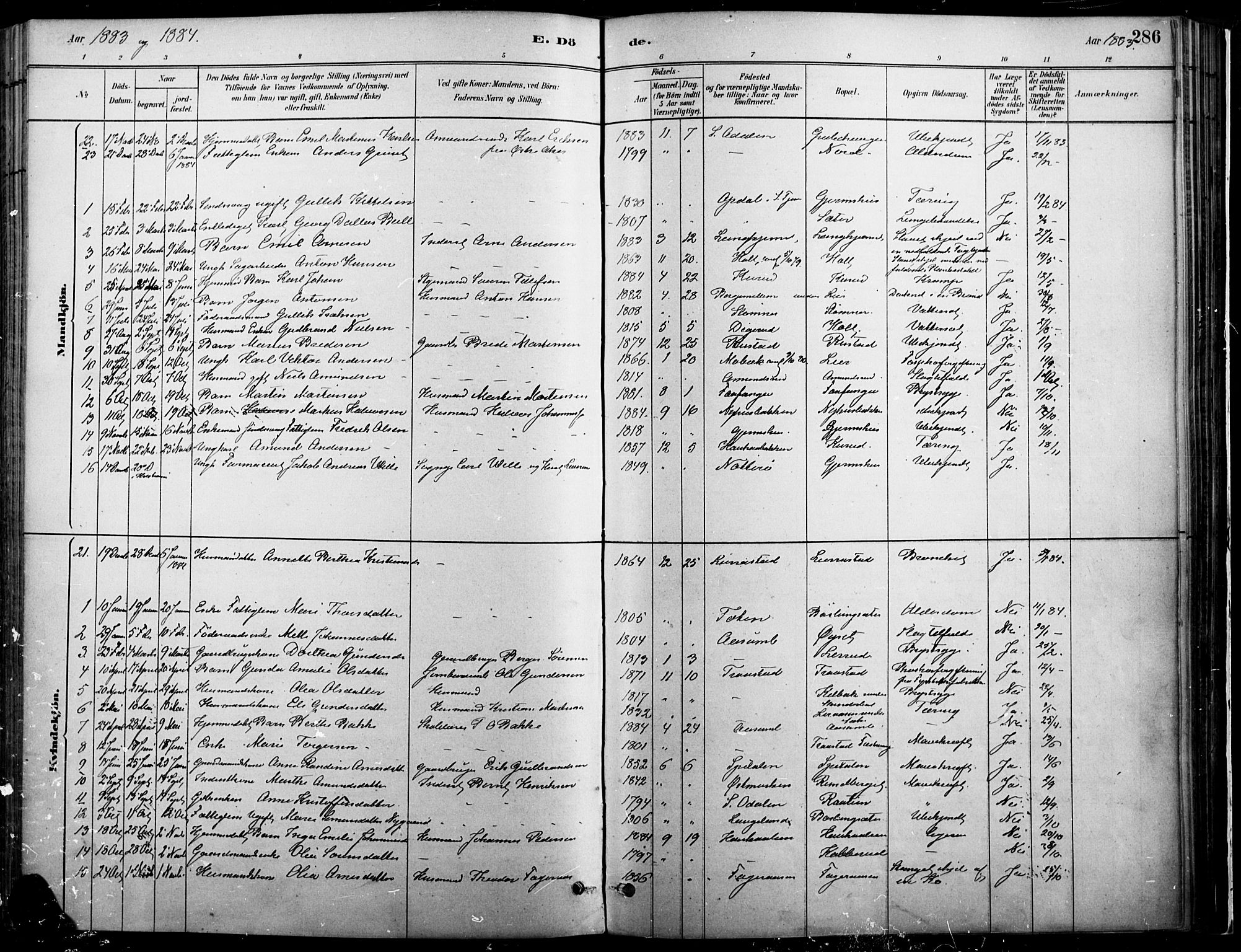 Vinger prestekontor, SAH/PREST-024/H/Ha/Haa/L0014: Parish register (official) no. 14, 1881-1900, p. 286