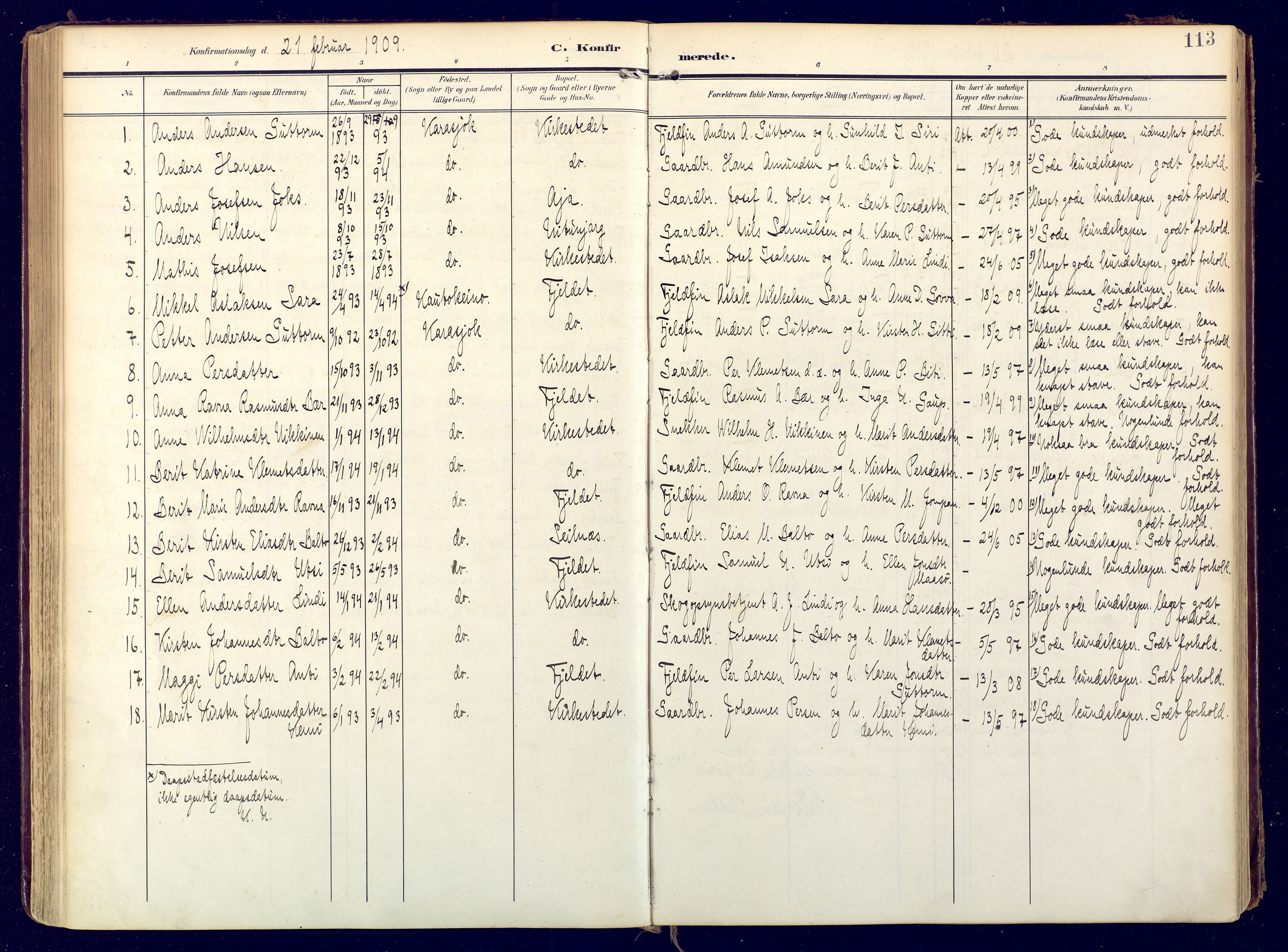 Karasjok sokneprestkontor, AV/SATØ-S-1352/H/Ha: Parish register (official) no. 3, 1907-1926, p. 113