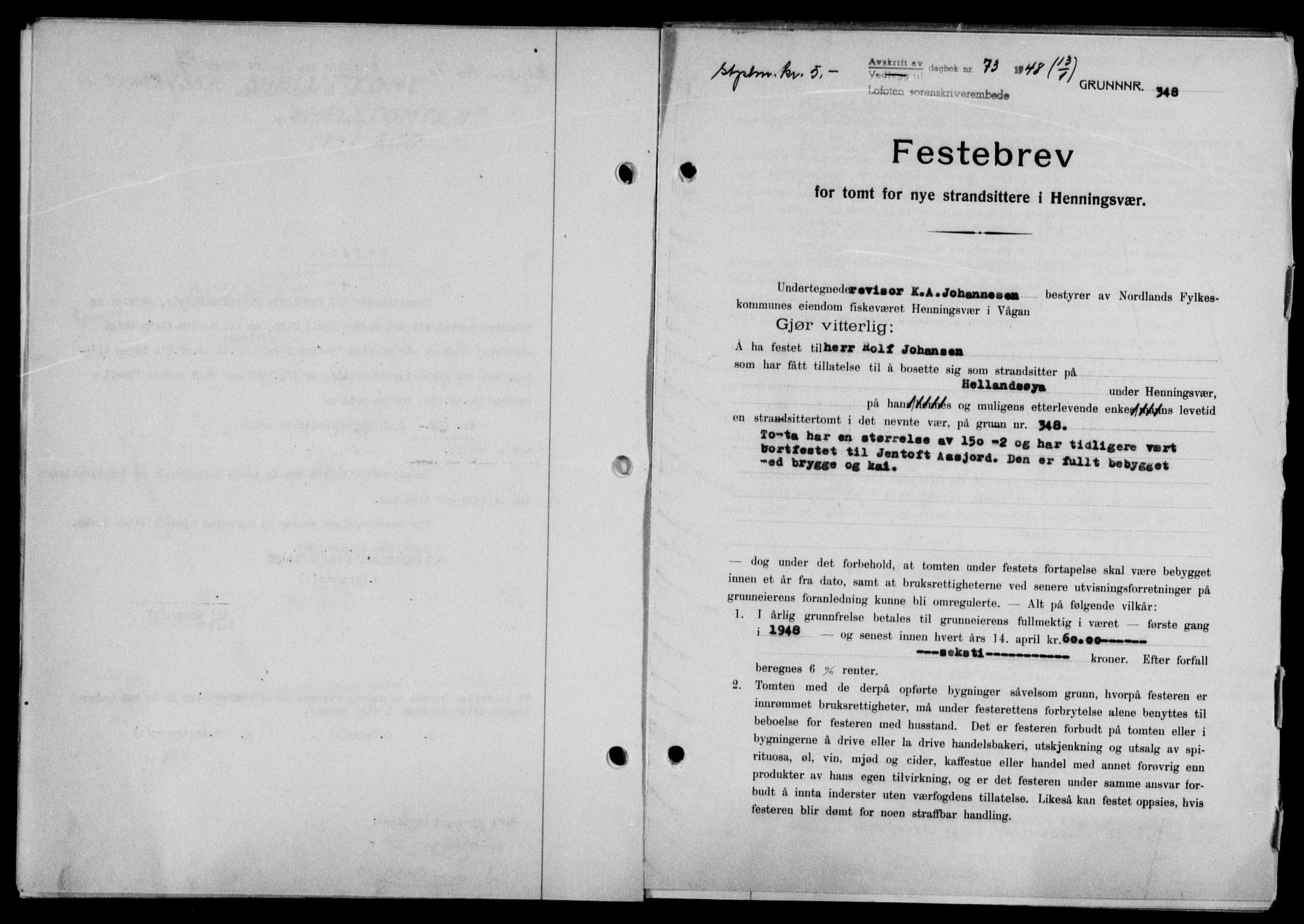 Lofoten sorenskriveri, SAT/A-0017/1/2/2C/L0017a: Mortgage book no. 17a, 1947-1948, Diary no: : 73/1948