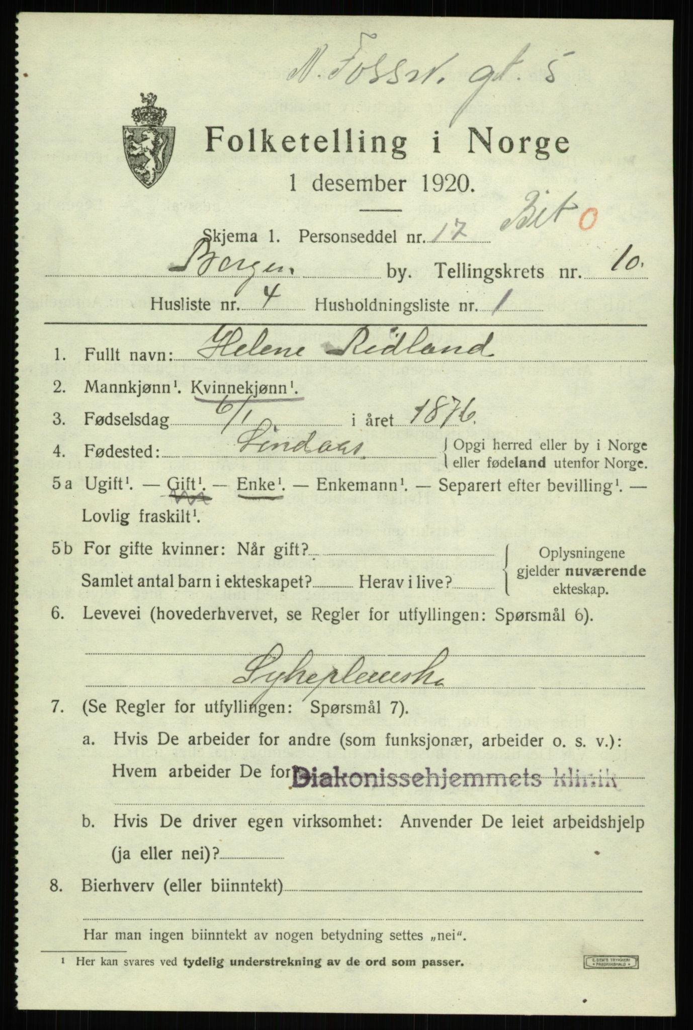 SAB, 1920 census for Bergen, 1920, p. 71399