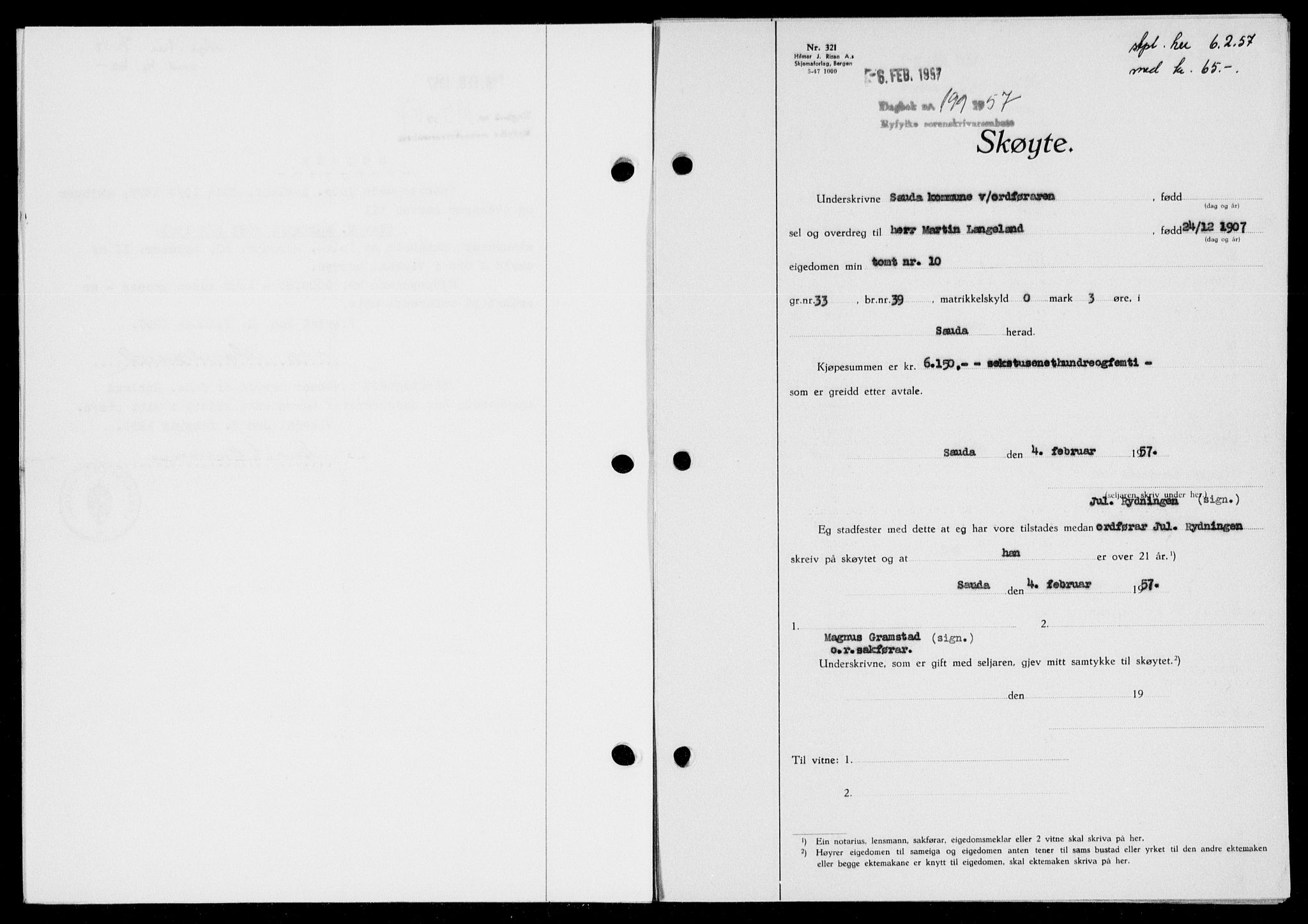 Ryfylke tingrett, SAST/A-100055/001/II/IIB/L0135: Mortgage book no. 114, 1956-1957, Diary no: : 199/1957