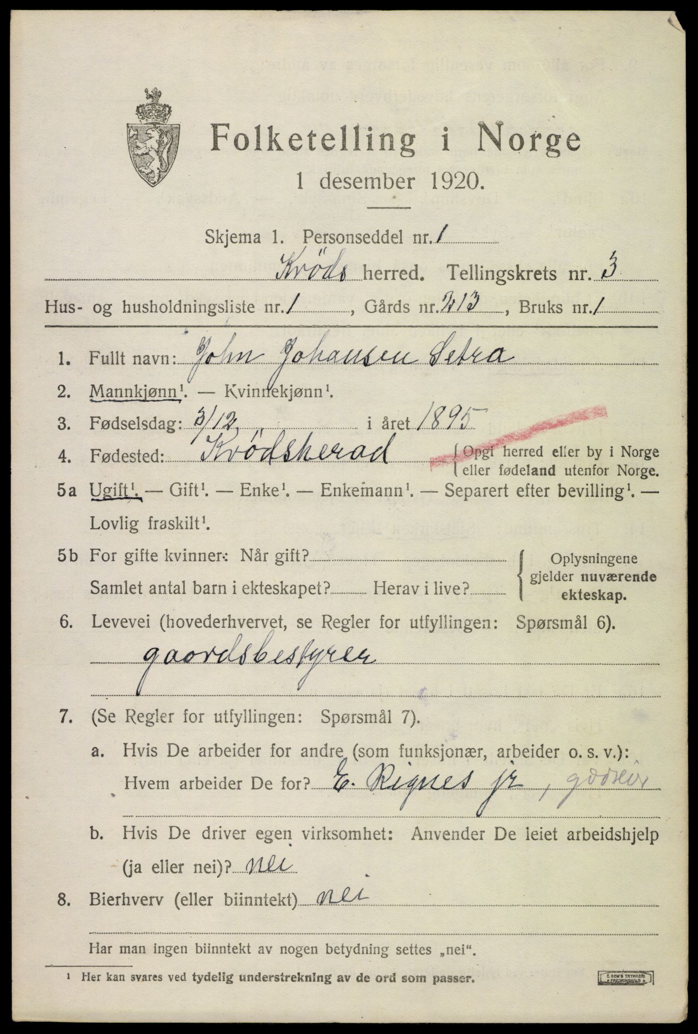 SAKO, 1920 census for Krødsherad, 1920, p. 3839