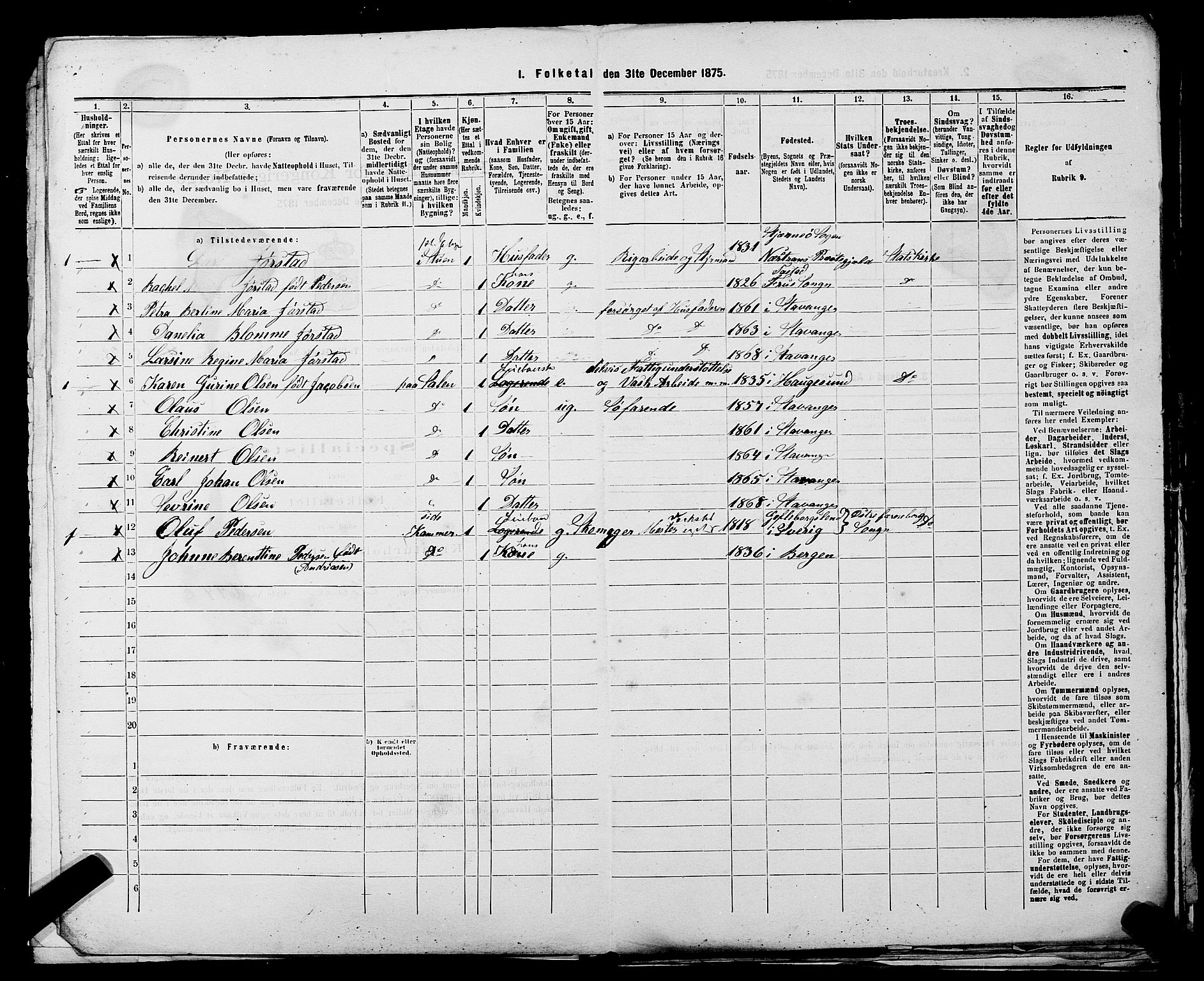 SAST, 1875 census for 1103 Stavanger, 1875, p. 867