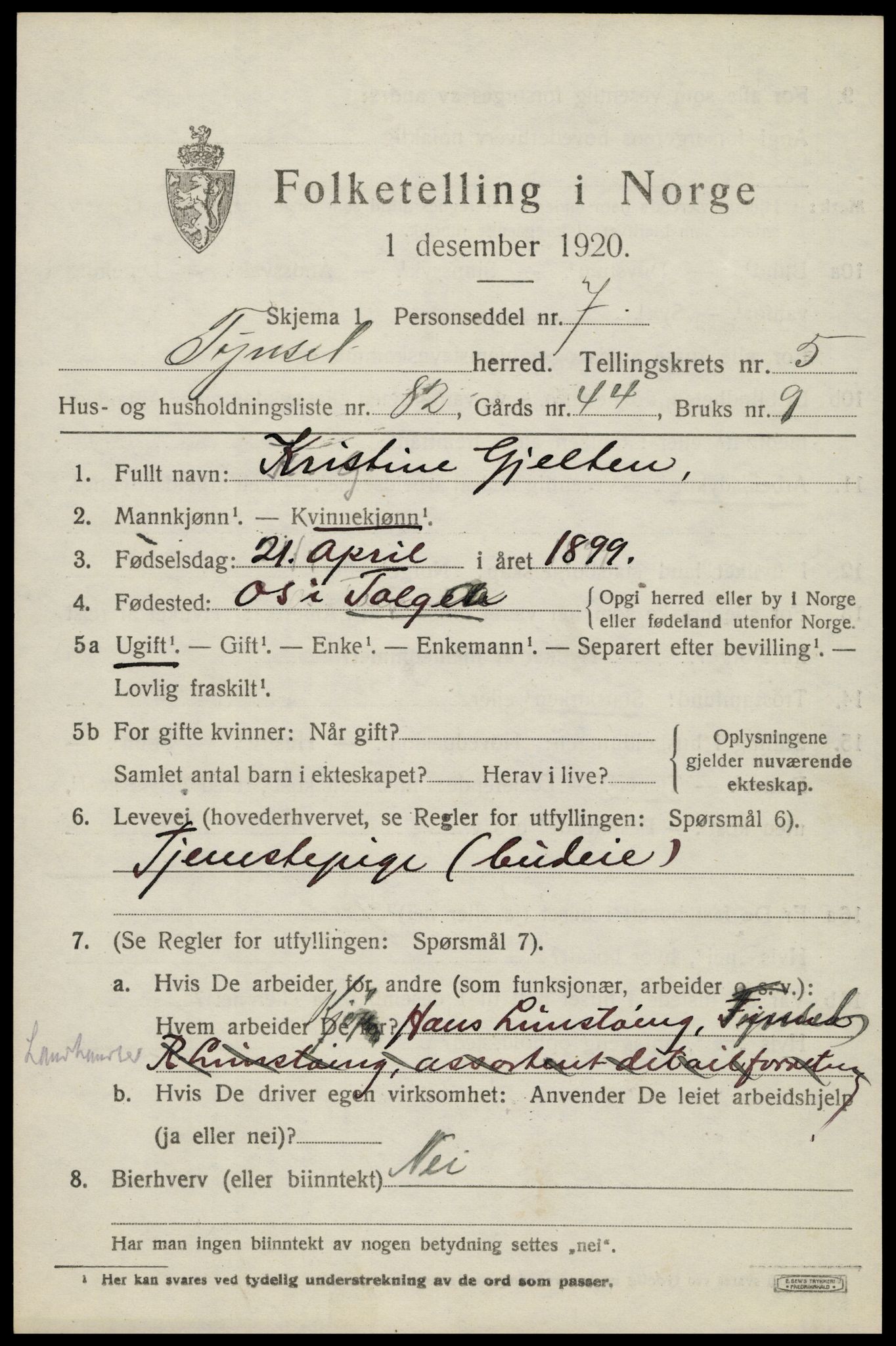 SAH, 1920 census for Tynset, 1920, p. 5492