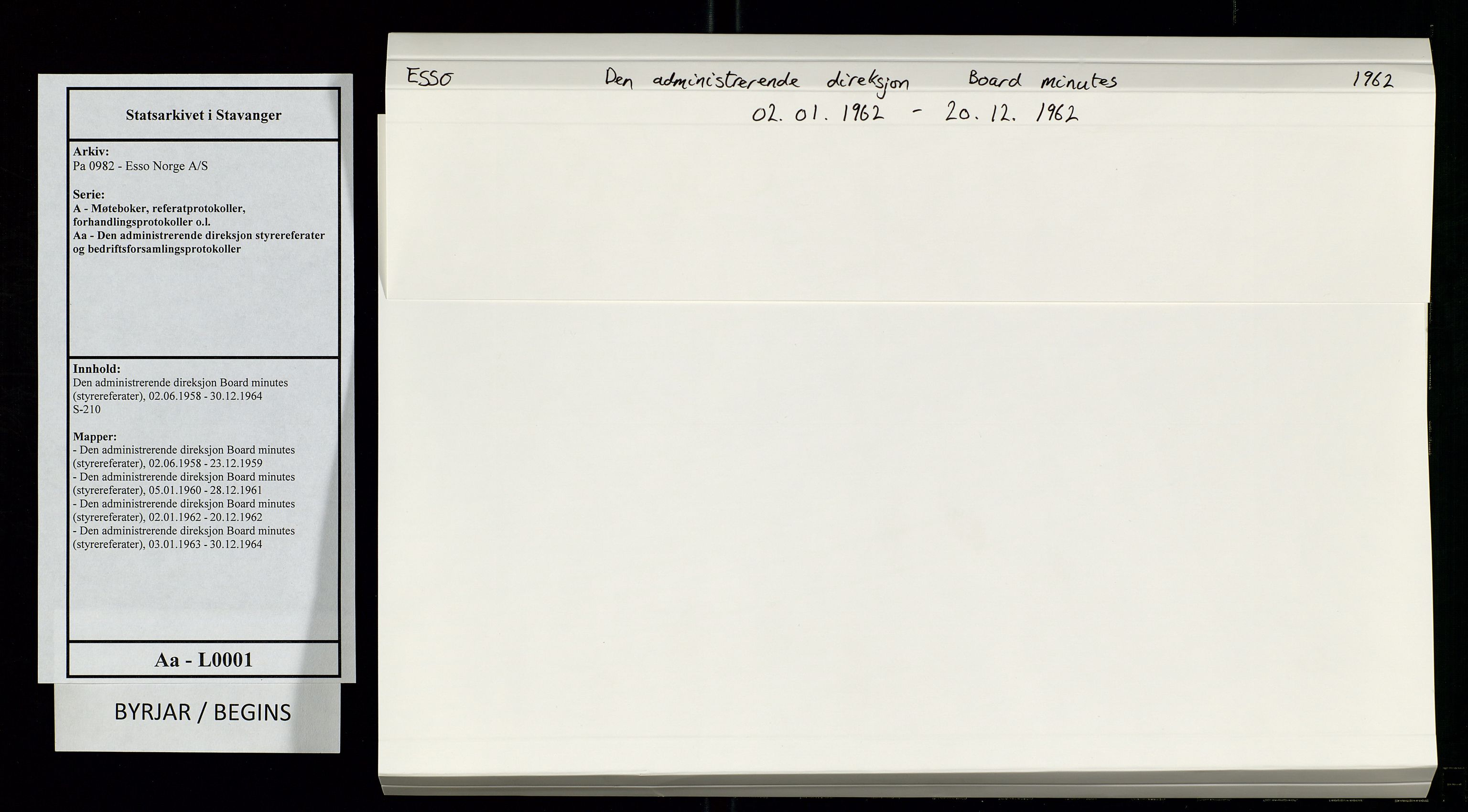 Pa 0982 - Esso Norge A/S, AV/SAST-A-100448/A/Aa/L0001/0003: Den administrerende direksjon Board minutes (styrereferater) / Den administrerende direksjon Board minutes (styrereferater), 1962