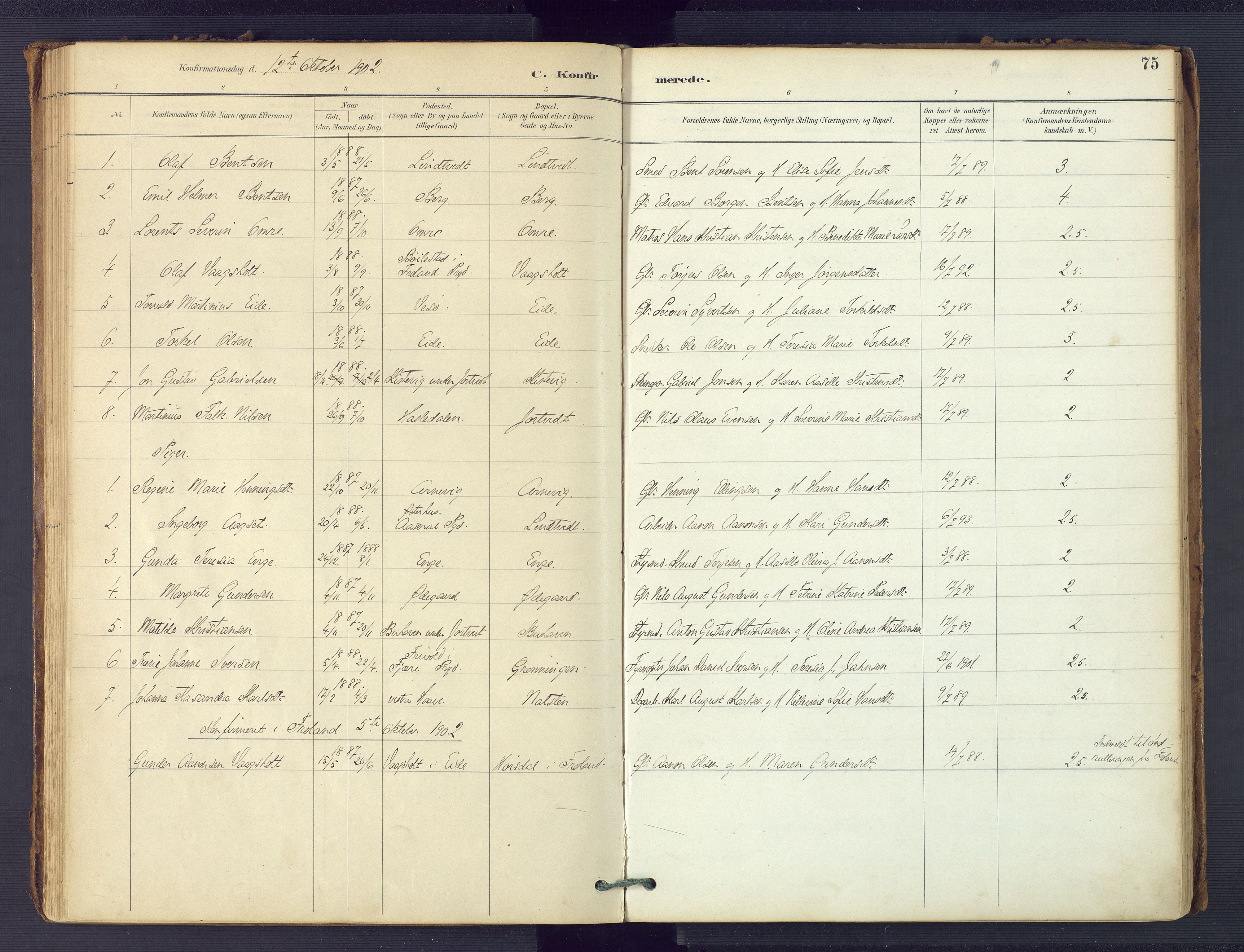 Hommedal sokneprestkontor, SAK/1111-0023/F/Fa/Faa/L0003: Parish register (official) no. A 3, 1885-1916, p. 75