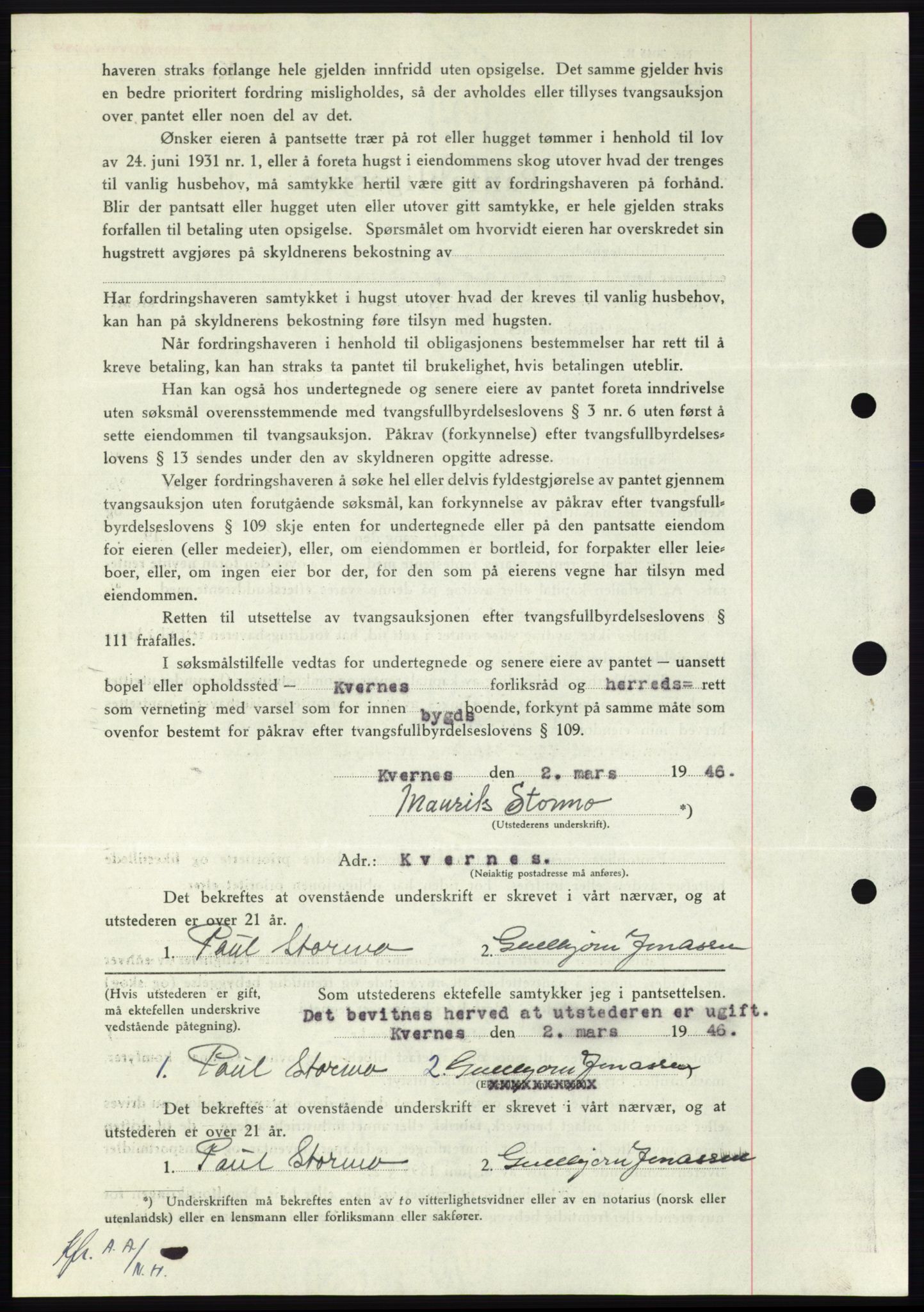 Nordmøre sorenskriveri, AV/SAT-A-4132/1/2/2Ca: Mortgage book no. B93b, 1946-1946, Diary no: : 394/1946