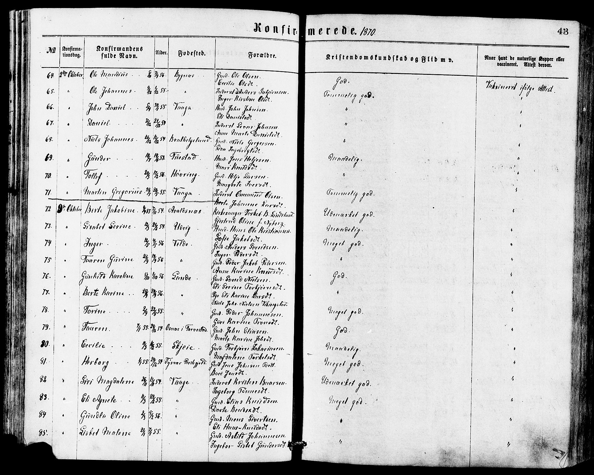 Avaldsnes sokneprestkontor, AV/SAST-A -101851/H/Ha/Haa/L0012: Parish register (official) no. A 12, 1865-1880, p. 43