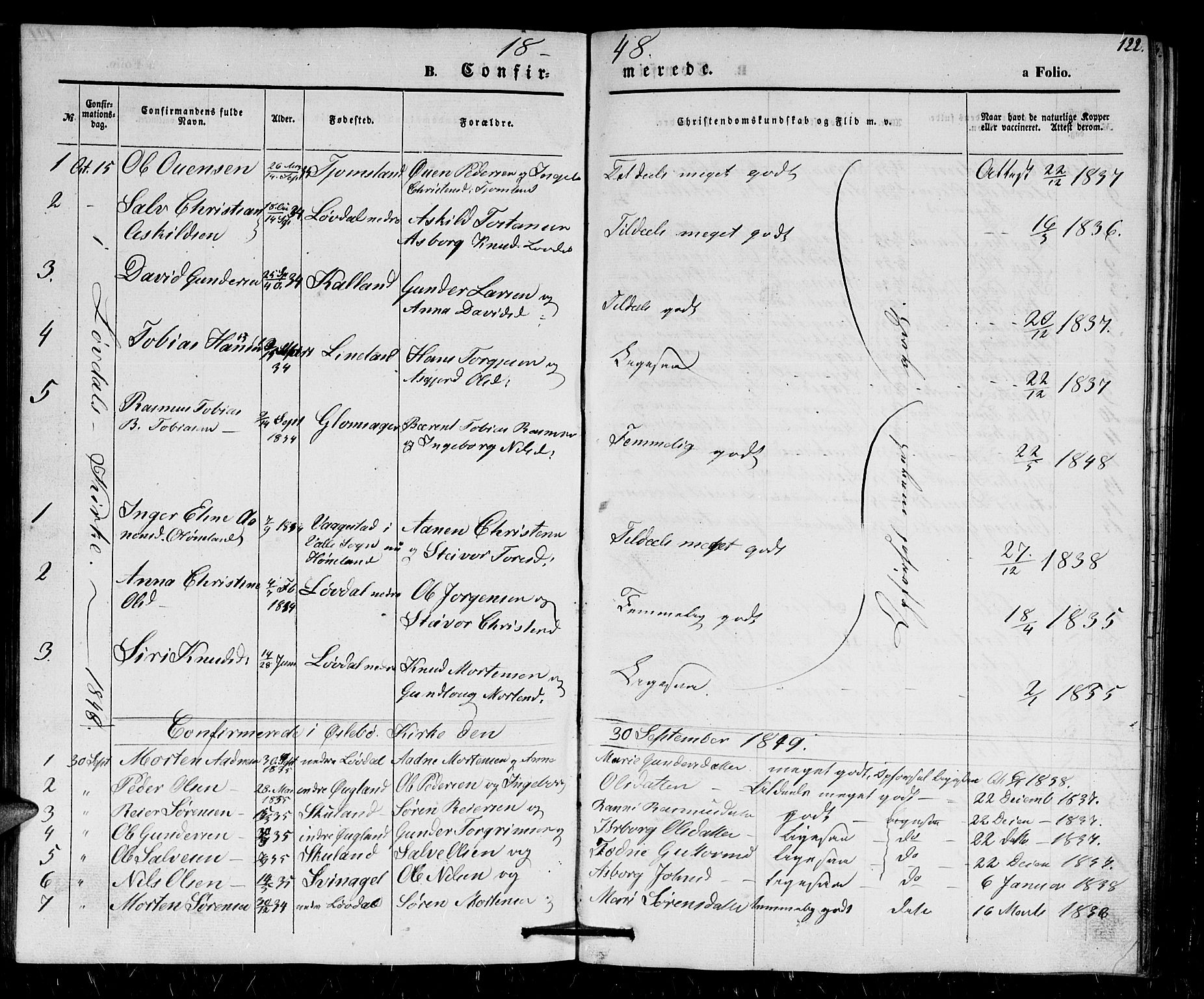 Holum sokneprestkontor, SAK/1111-0022/F/Fb/Fbb/L0002: Parish register (copy) no. B 2, 1847-1874, p. 122