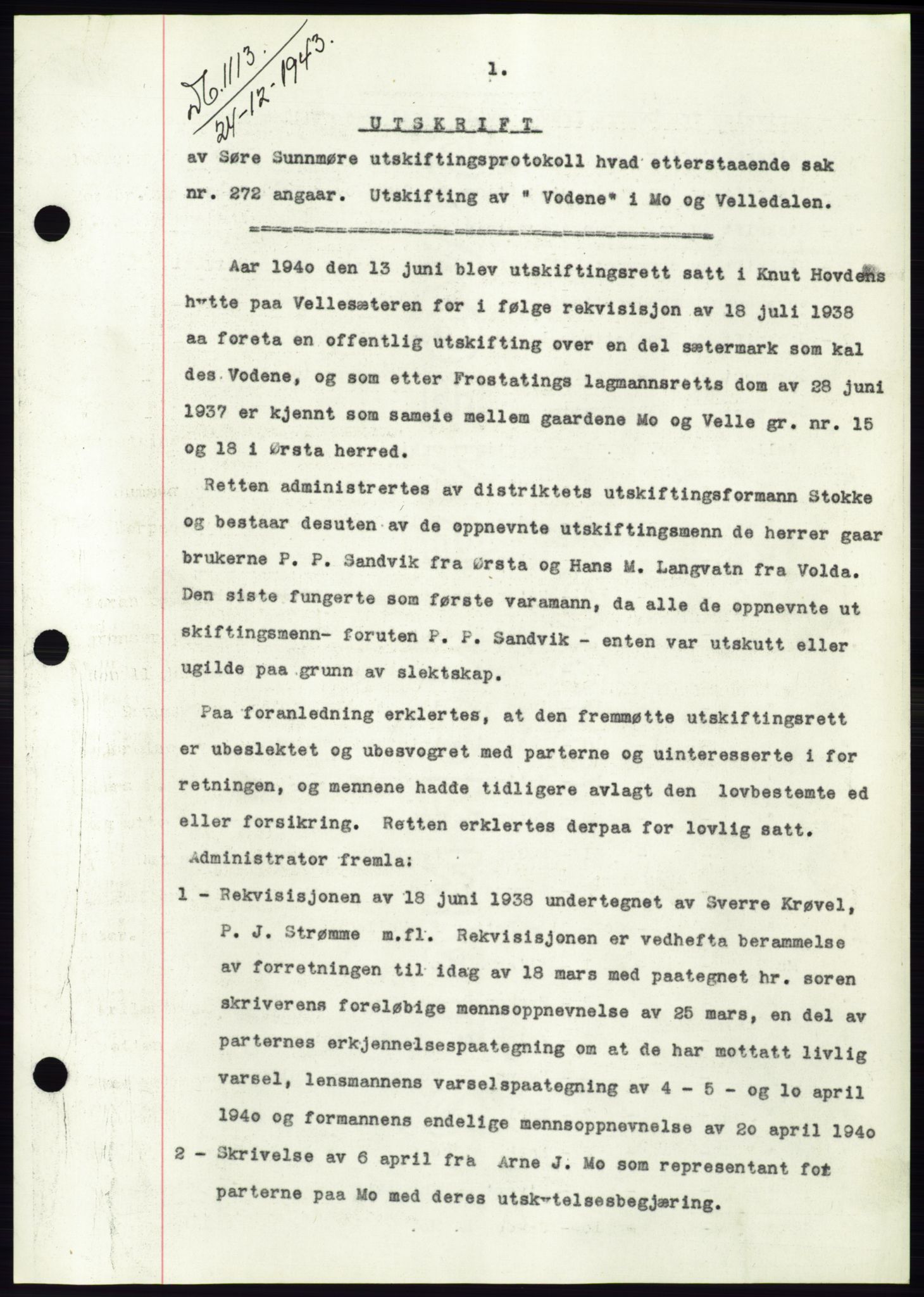 Søre Sunnmøre sorenskriveri, AV/SAT-A-4122/1/2/2C/L0075: Mortgage book no. 1A, 1943-1943, Diary no: : 1113/1943