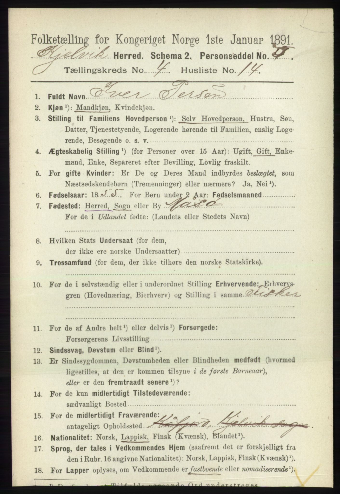 RA, 1891 census for 2019 Kjelvik, 1891, p. 514