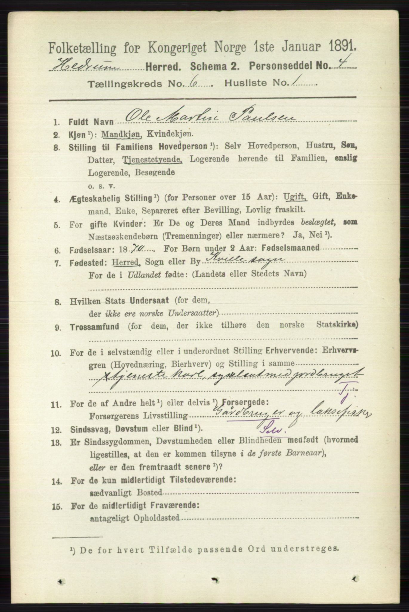 RA, 1891 census for 0727 Hedrum, 1891, p. 2543