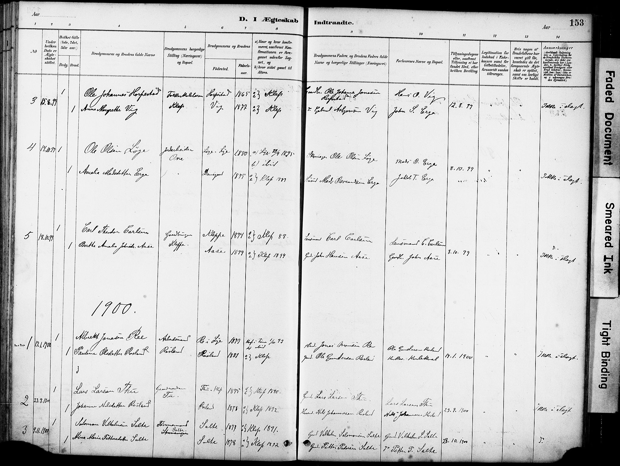 Klepp sokneprestkontor, SAST/A-101803/001/3/30BA/L0007: Parish register (official) no. A 8, 1886-1912, p. 153
