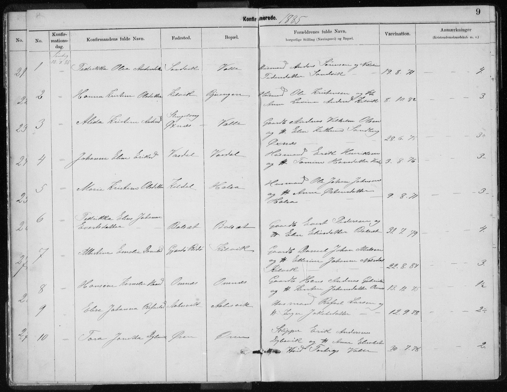 Ministerialprotokoller, klokkerbøker og fødselsregistre - Nordland, AV/SAT-A-1459/843/L0637: Parish register (copy) no. 843C06, 1884-1908, p. 9