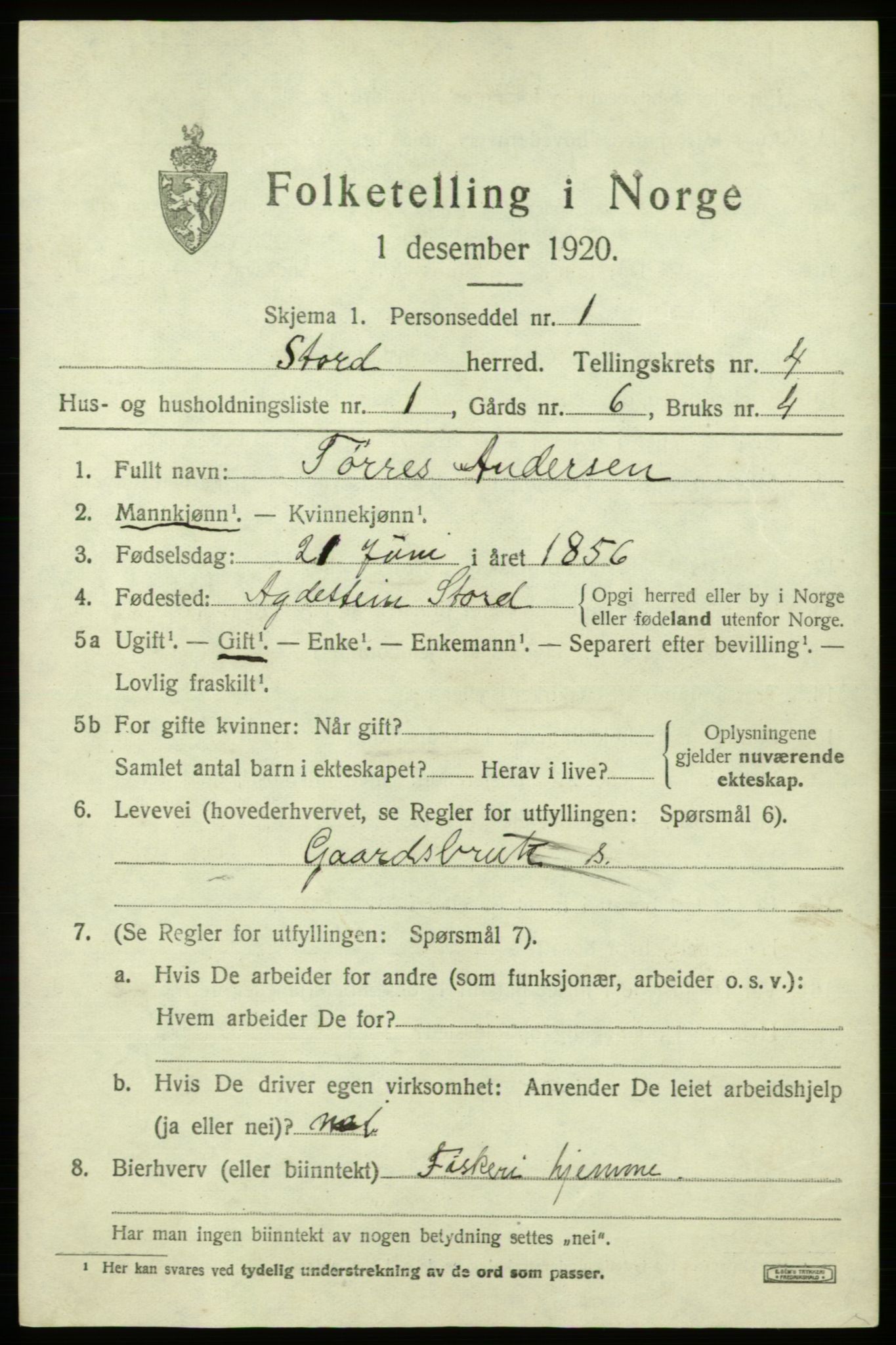 SAB, 1920 census for Stord, 1920, p. 1939