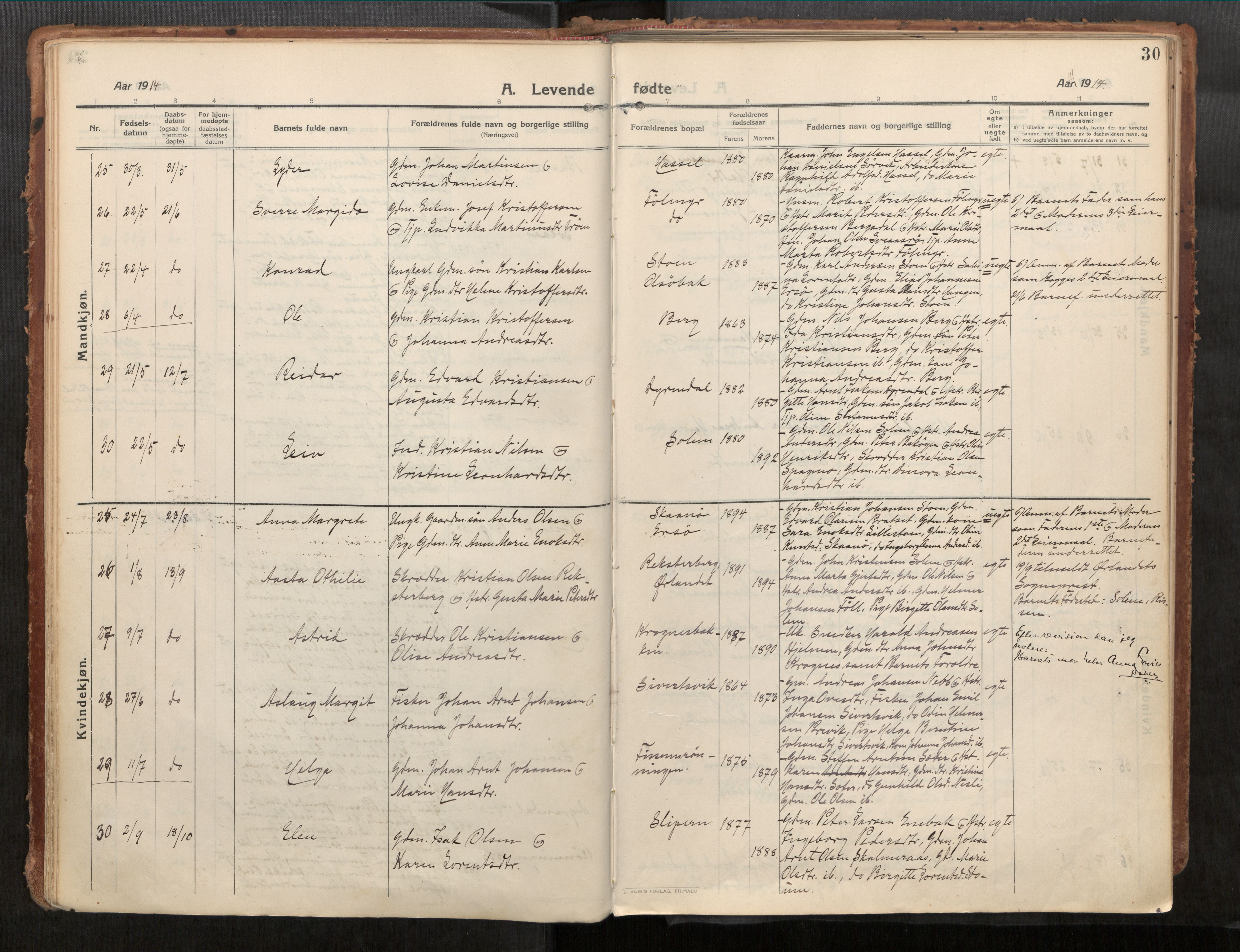 Stadsbygd sokneprestkontor, AV/SAT-A-1117/1/I/I1/I1a/L0001: Parish register (official) no. 1, 1911-1929, p. 30