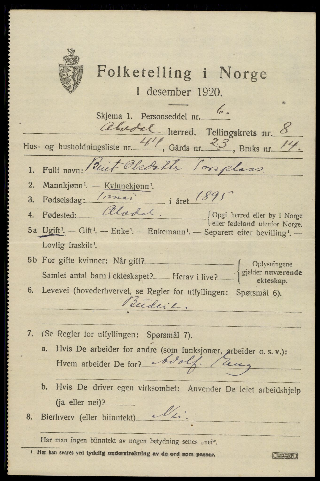 SAH, 1920 census for Alvdal, 1920, p. 4906