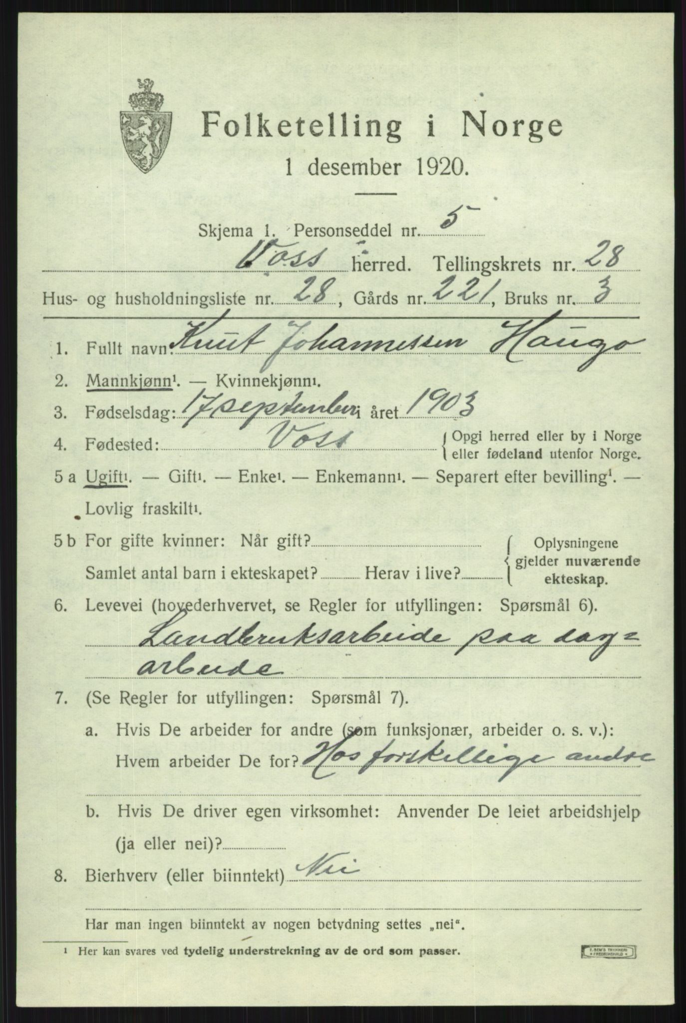 SAB, 1920 census for Voss, 1920, p. 19241